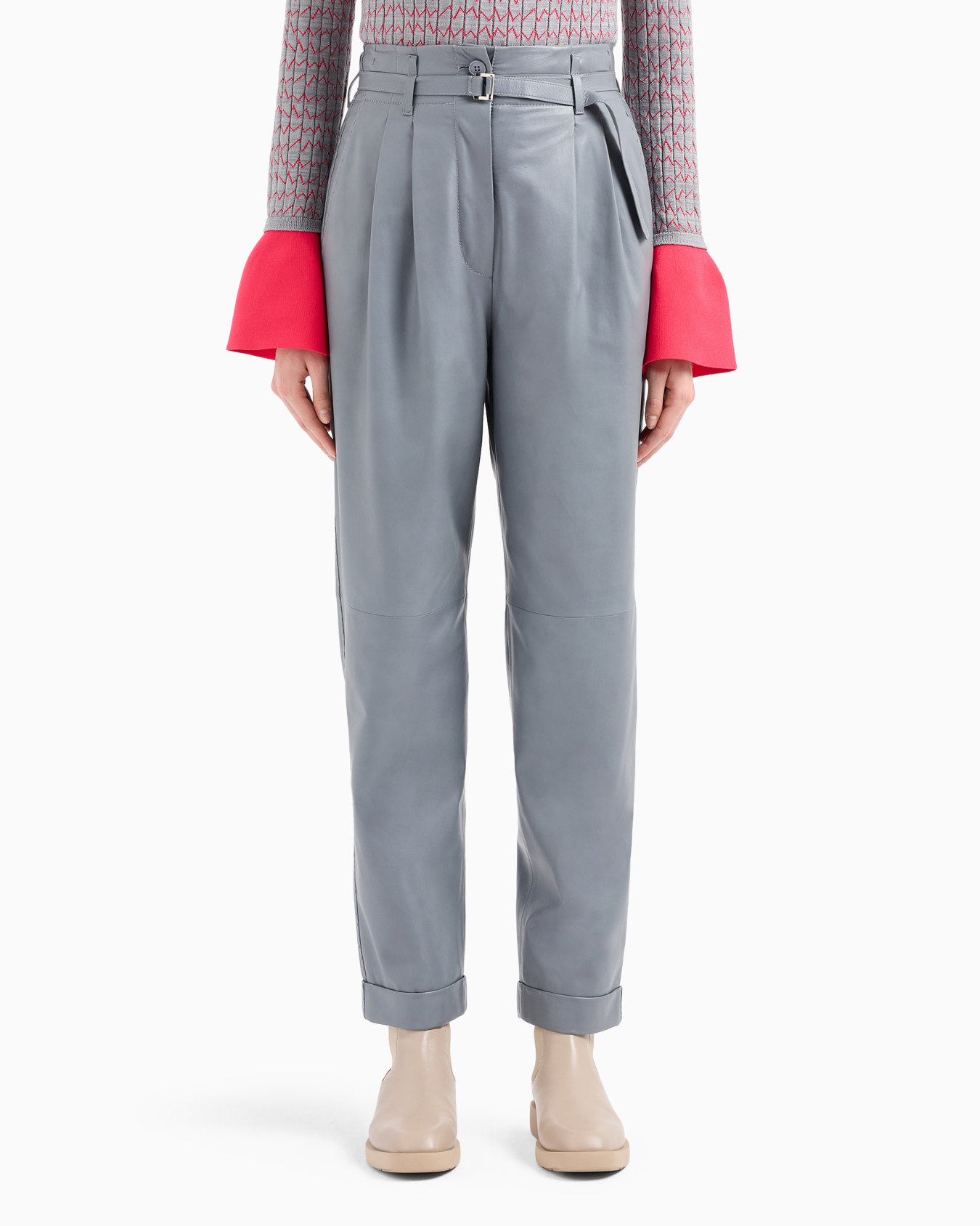 Semi-aniline, lambskin nappa leather trousers with belt Slide 2