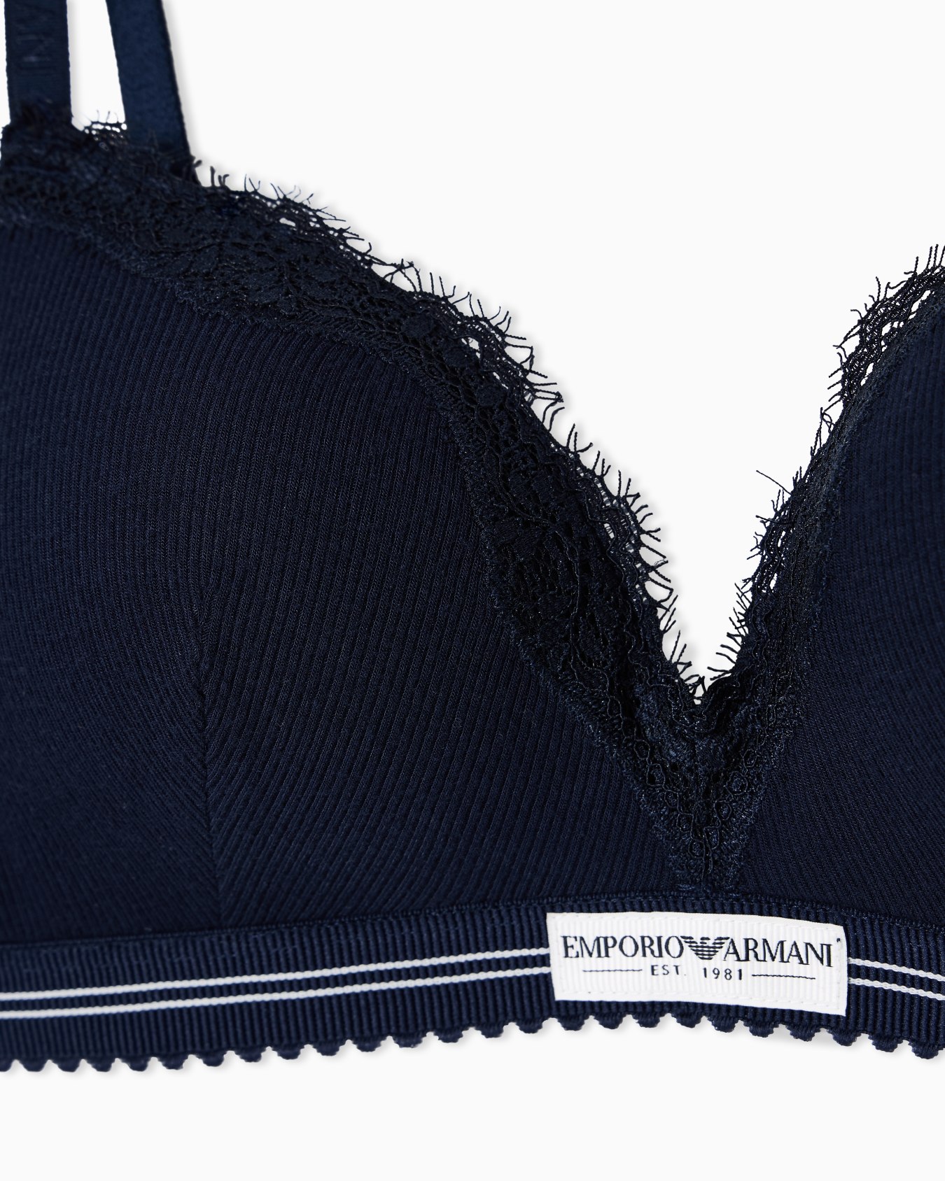 Soutien-gorge triangle rembourré en tissu côtelé avec détail en dentelle Diapositive 3
