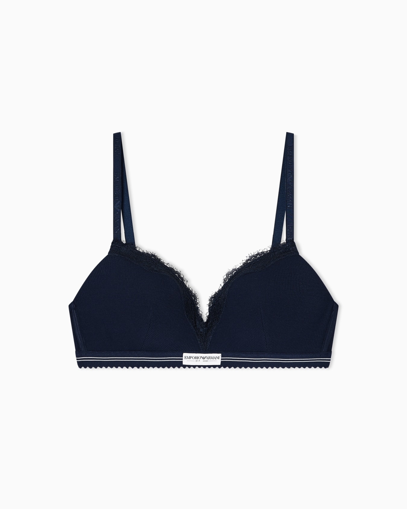 Soutien-gorge triangle rembourré en tissu côtelé avec détail en dentelle Diapositive 0