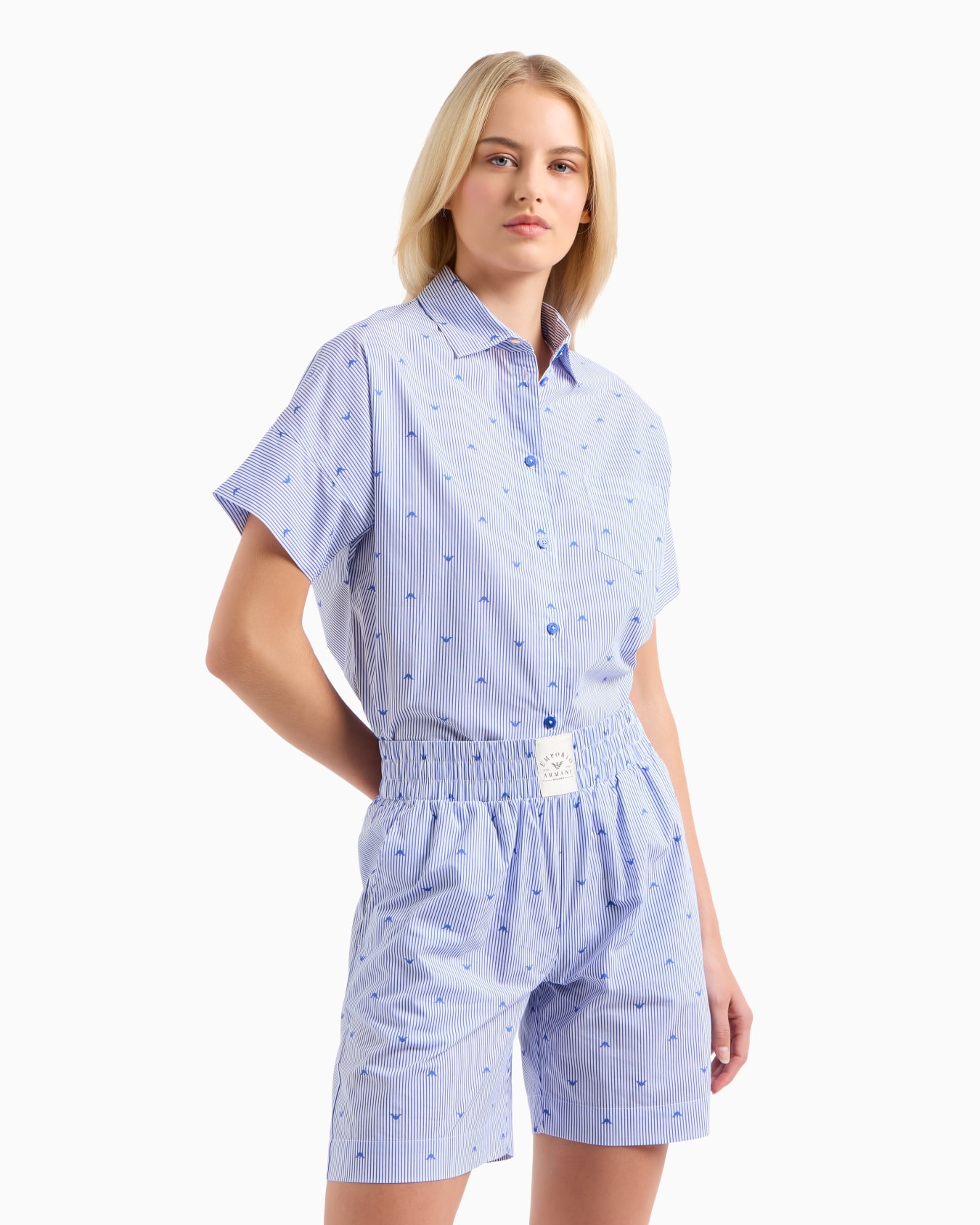 Loungewear Bermuda shorts with all-over, striped eagle logo motif Slide 1