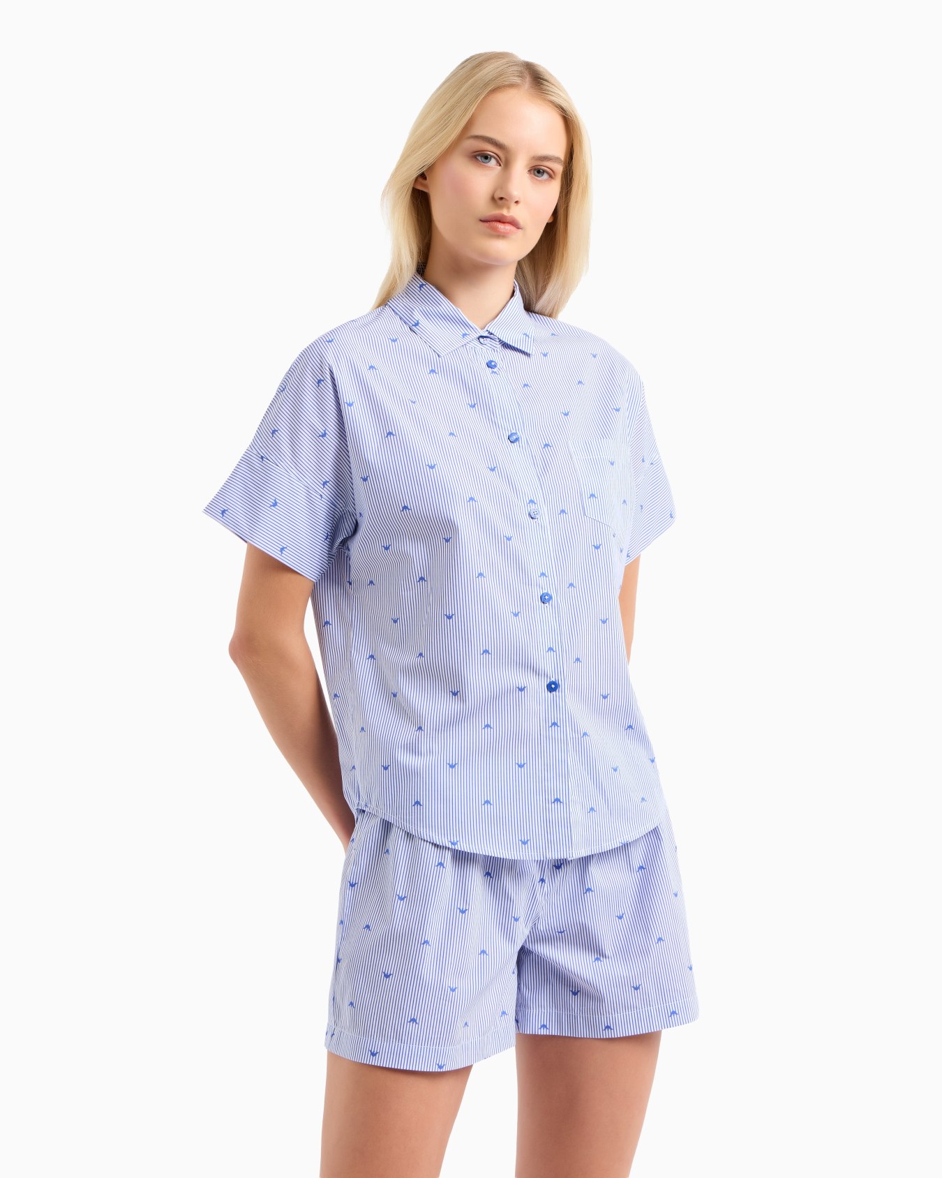 Pyjama shirt and shorts with striped motif and all-over eagle logo Slide 1