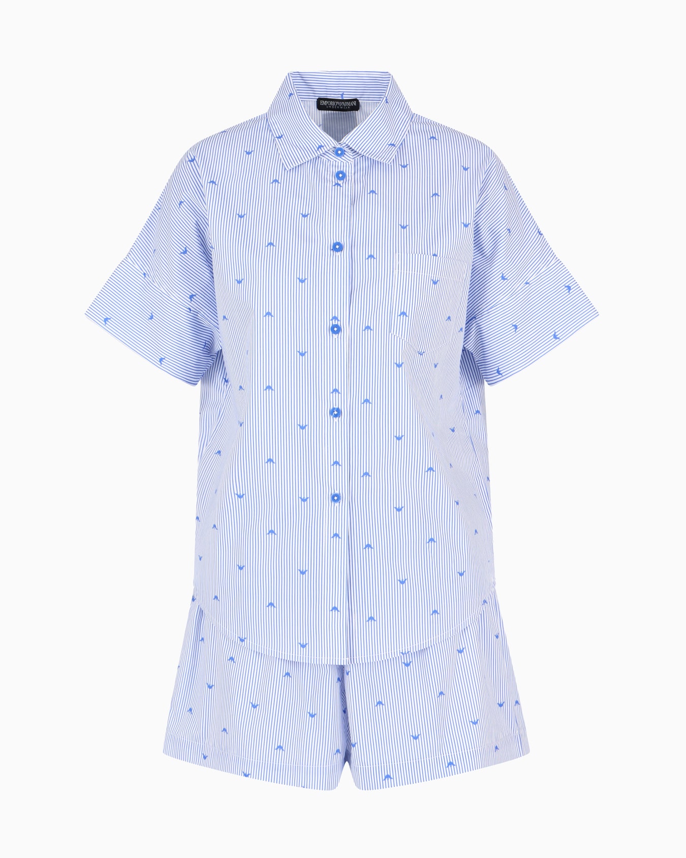 Pyjama shirt and shorts with striped motif and all-over eagle logo Slide 0