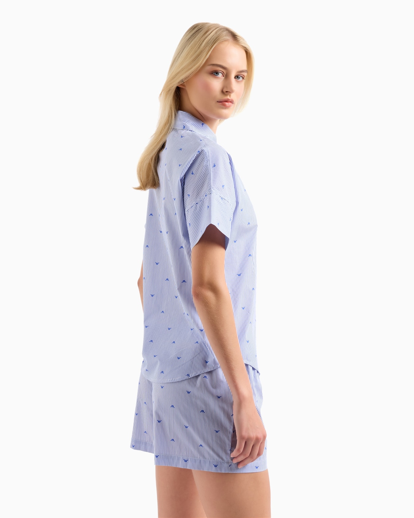Pyjama shirt and shorts with striped motif and all-over eagle logo Slide 2