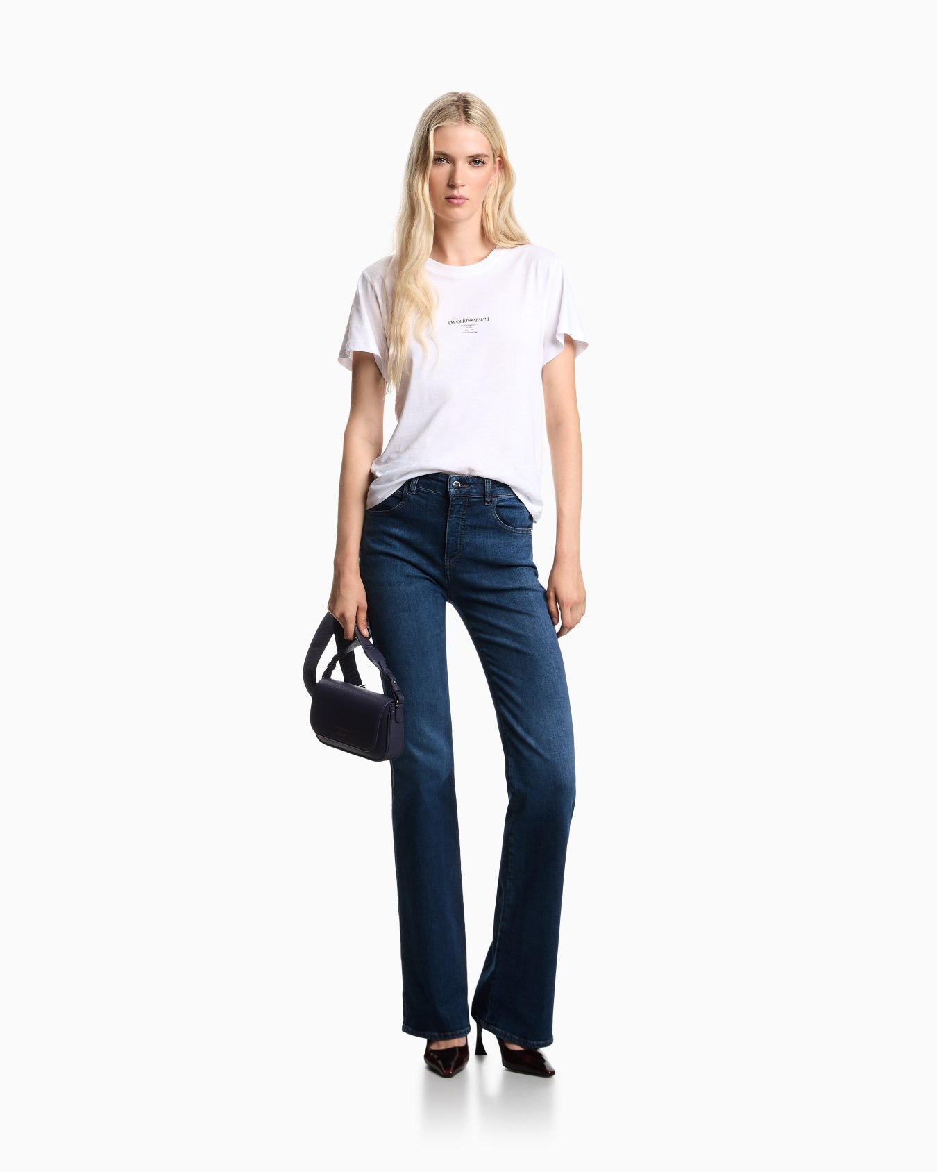 Jean J47 taille mi-haute avec jambe évasée en denim stretch aspect usé Diapositive 1