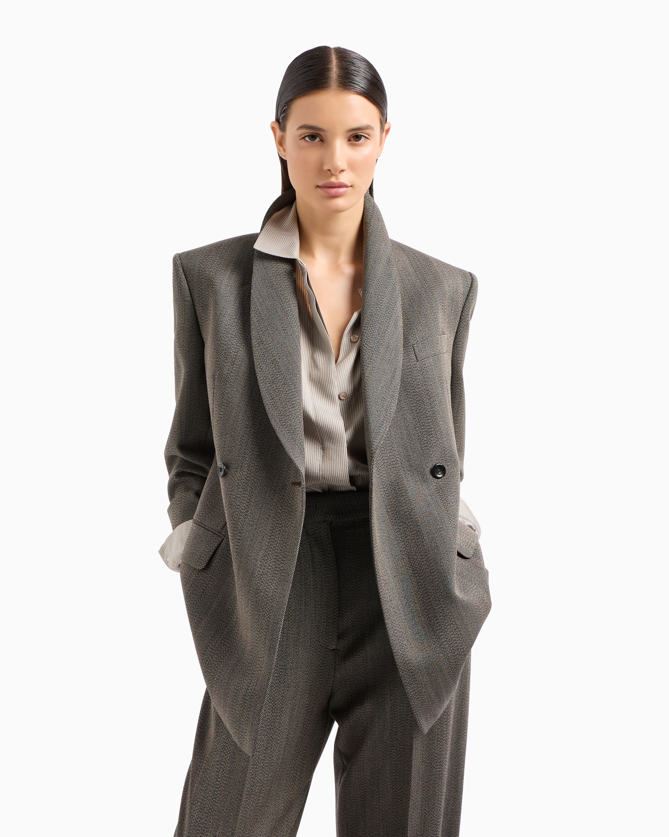Mouliné wool-blend chevron motif double-breasted blazer with shawl collar Slide 5