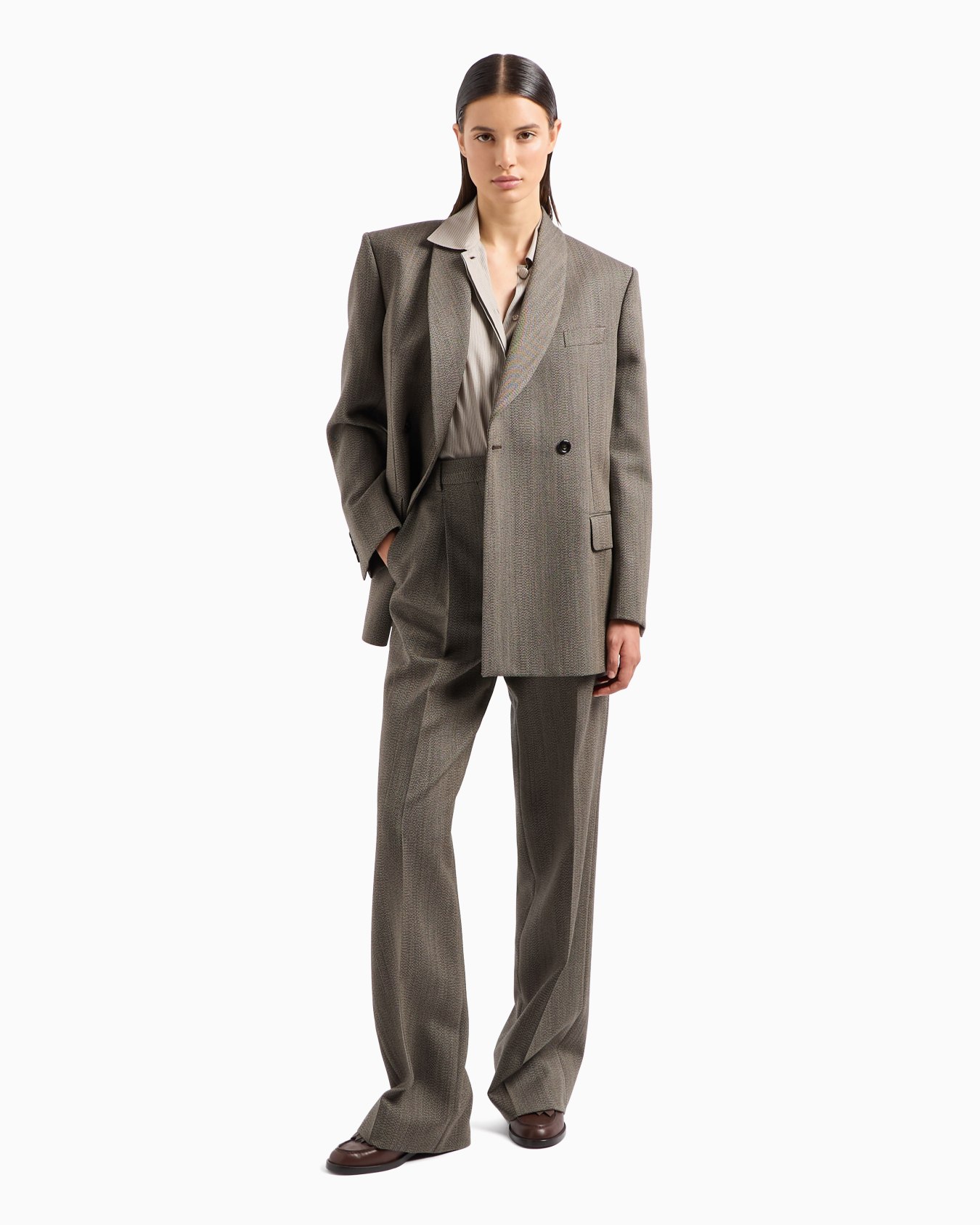 Mouliné wool-blend chevron motif double-breasted blazer with shawl collar Slide 3