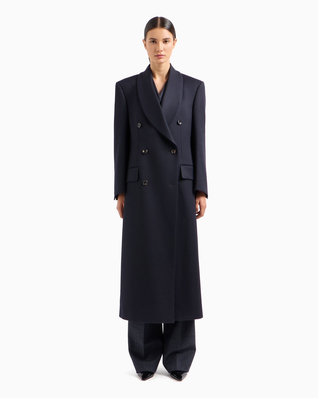 Double-breasted shawl-collar coat in compact wool cover fabric Slide 1