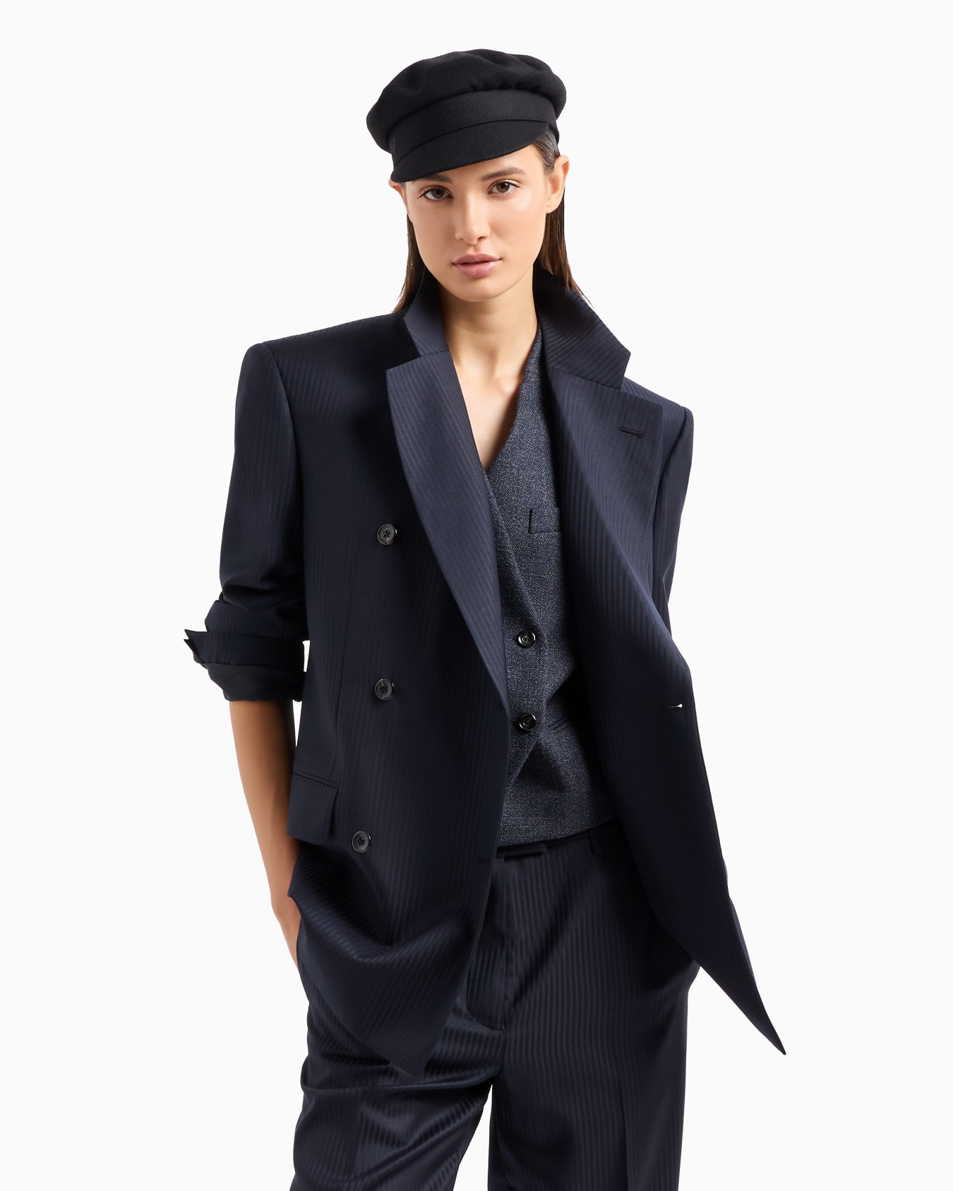 Blazer de abotonadura doble en raso de lana con rayas alternas Diapositiva 5