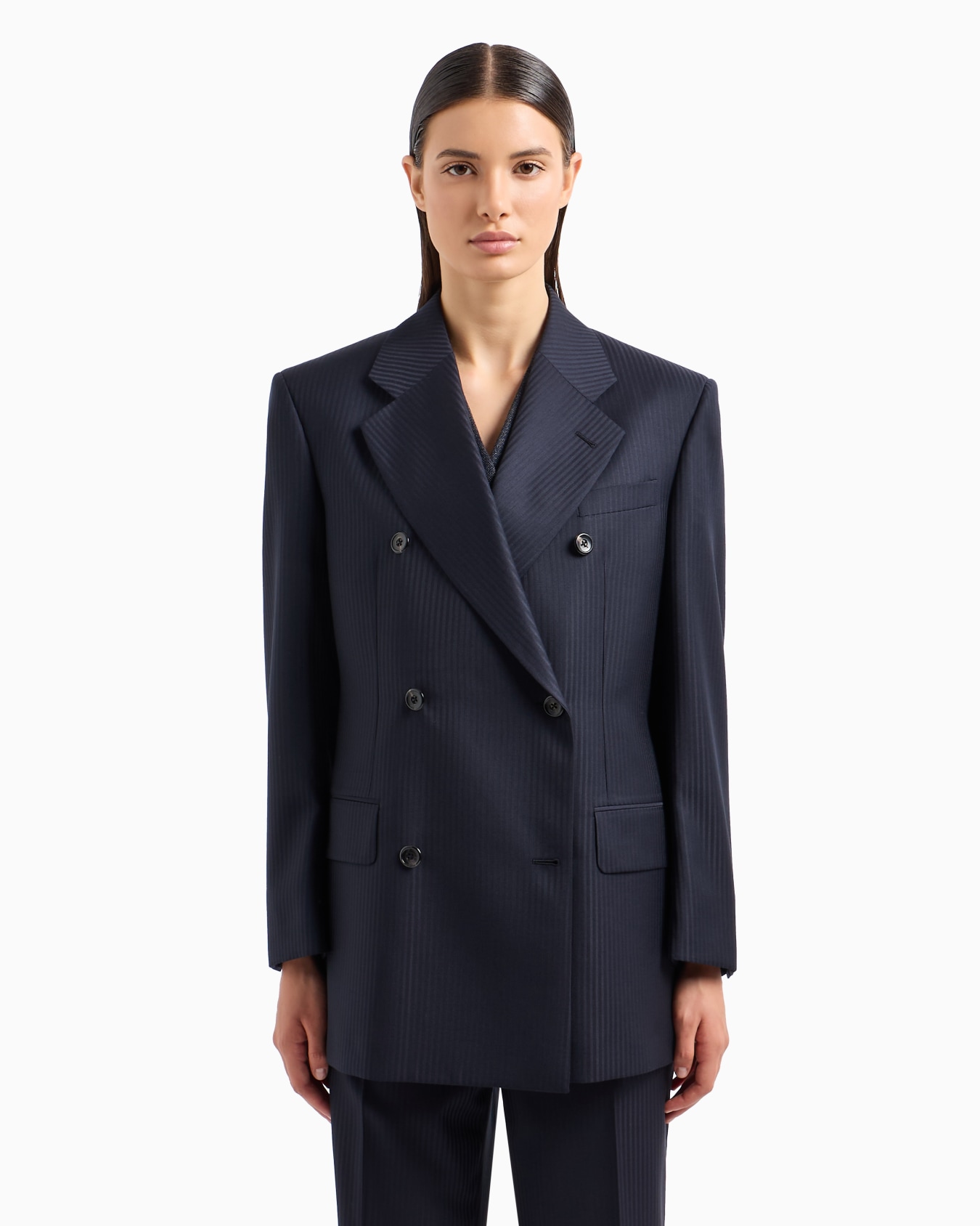 Blazer de abotonadura doble en raso de lana con rayas alternas Diapositiva 1