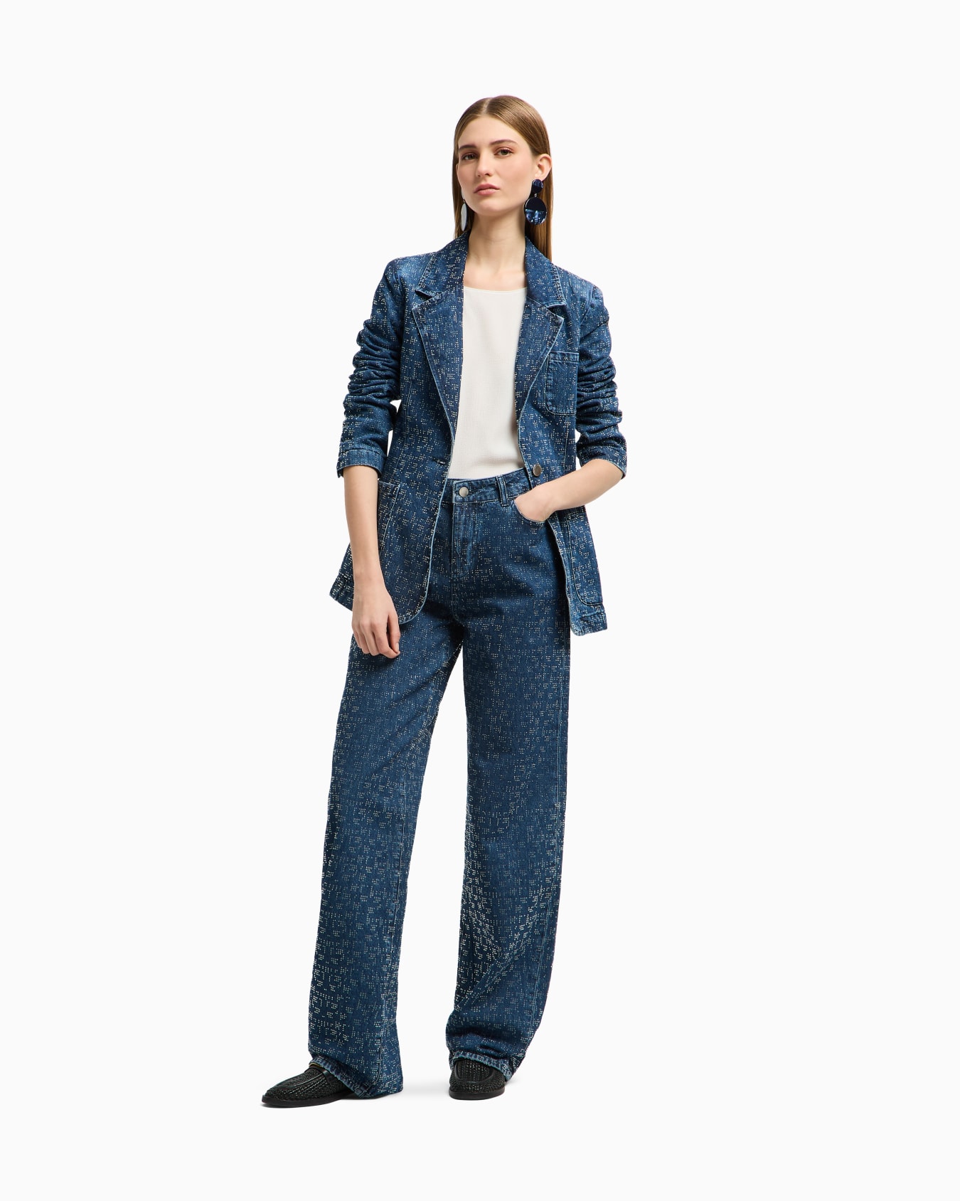 J4G high-rise wide-leg denim jeans with all-over rhinestones Slide 1