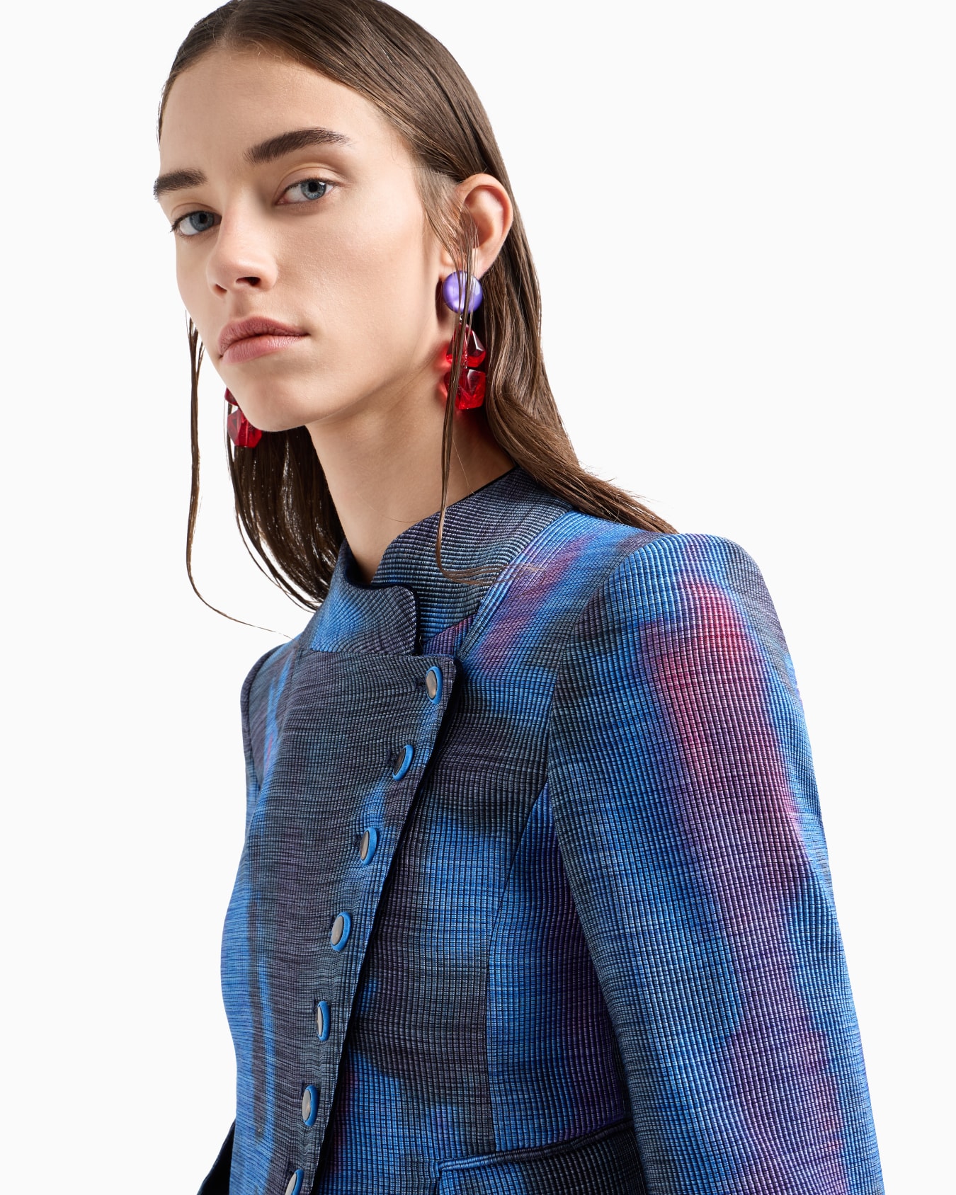 Jacket with off-centre fastening in a gradient print canneté fabric Slide 4