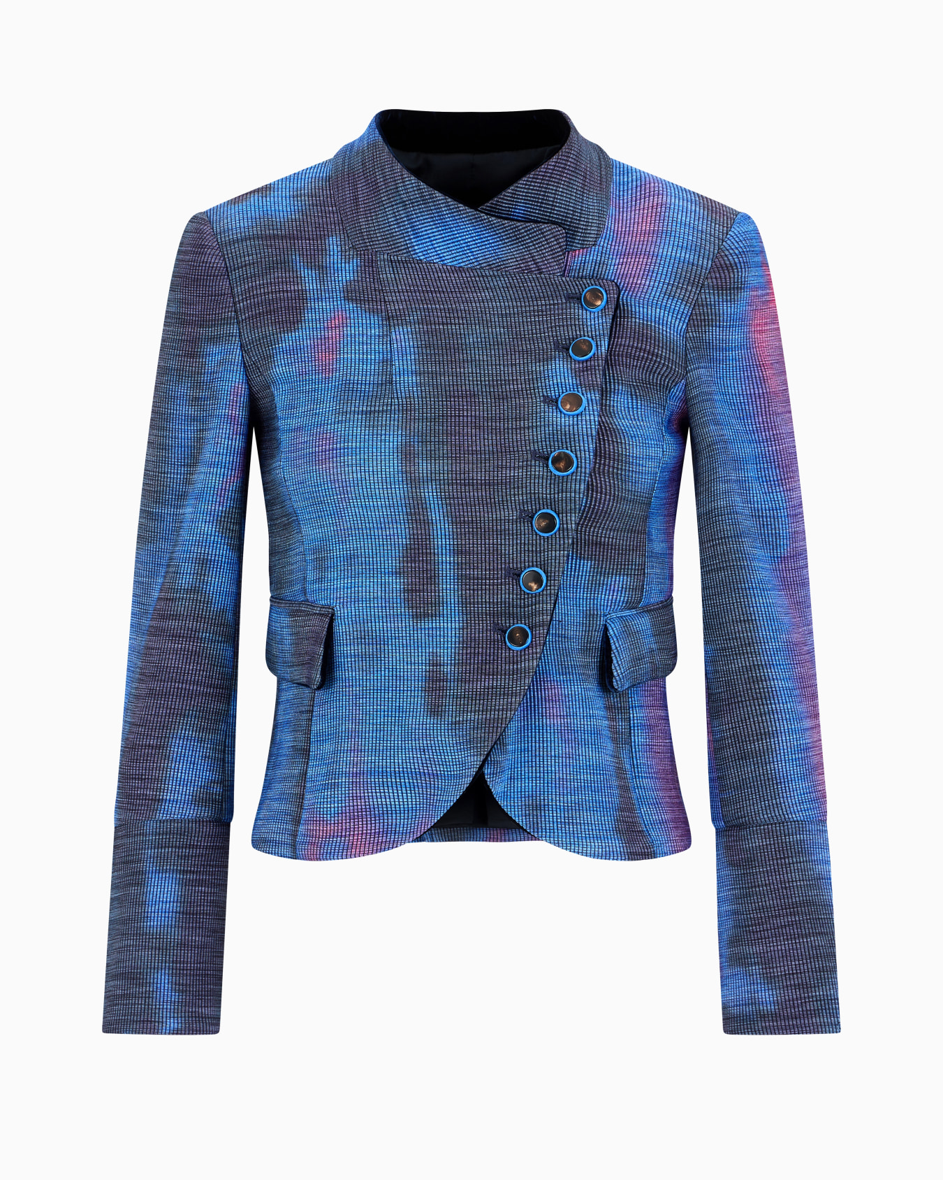 Jacket with off-centre fastening in a gradient print canneté fabric Slide 0