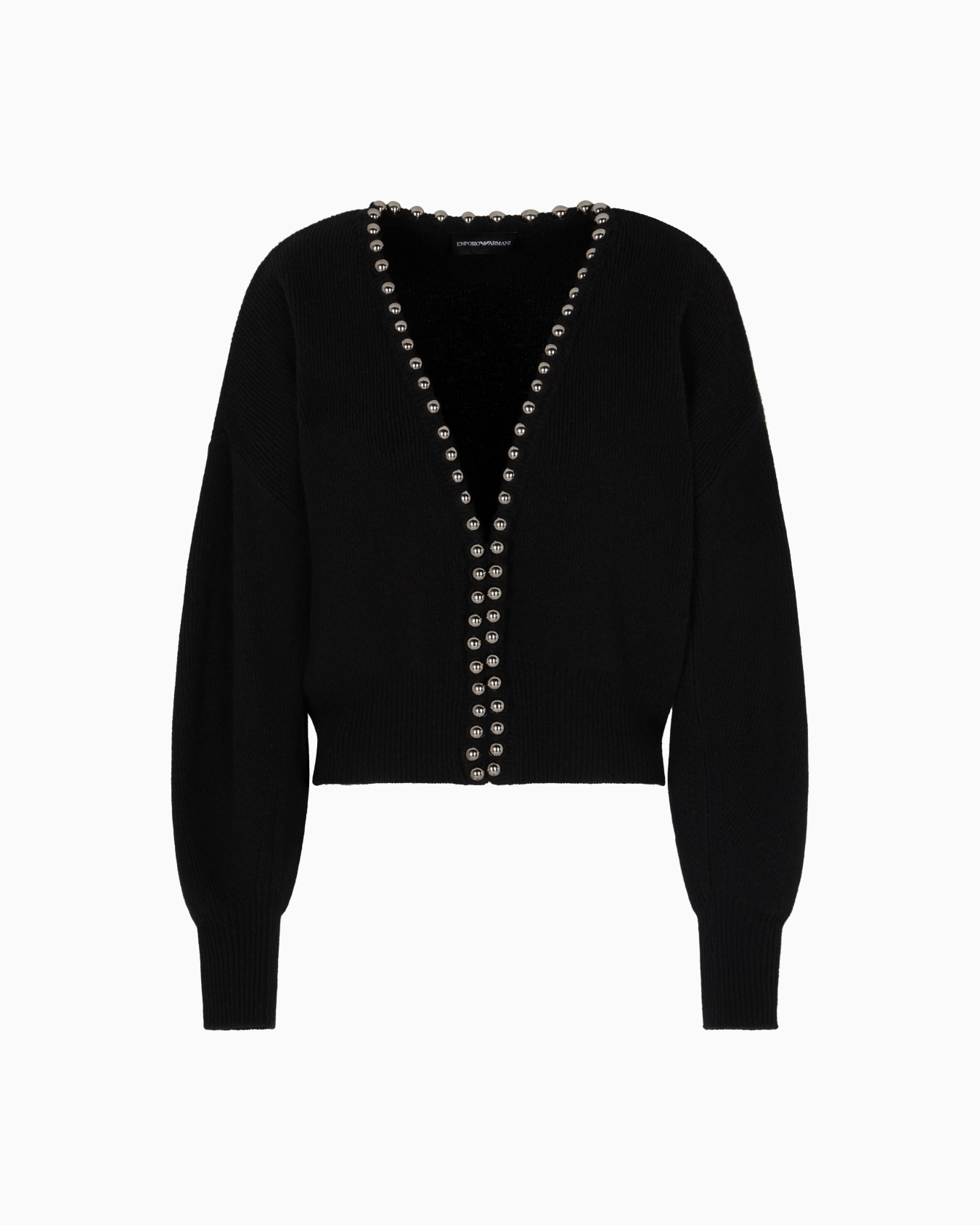 Virgin wool and cashmere cardigan with oversized metal spheres Slide 0