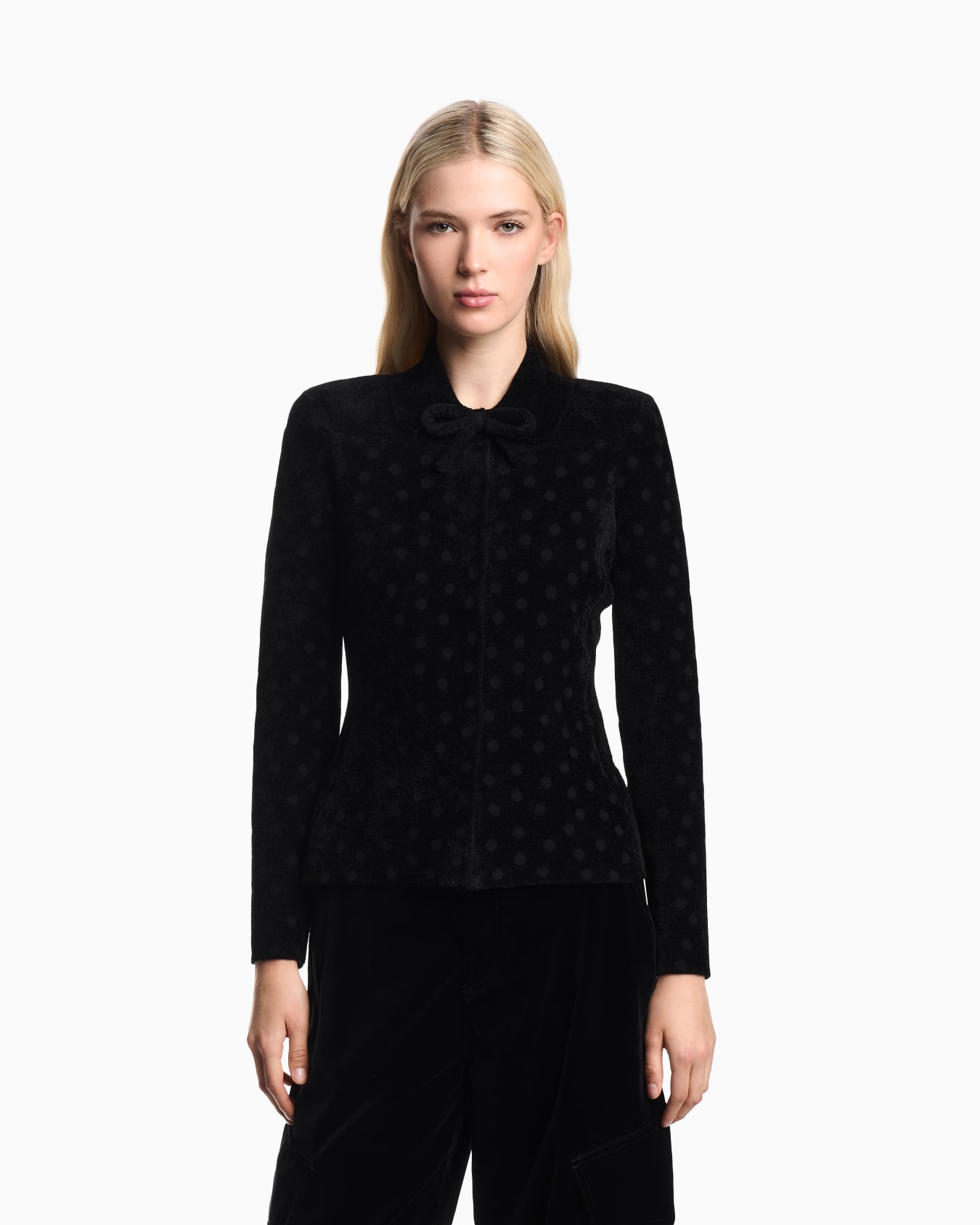Veste avec nœud en chenille couplée à un jacquard à pois Diapositive 3