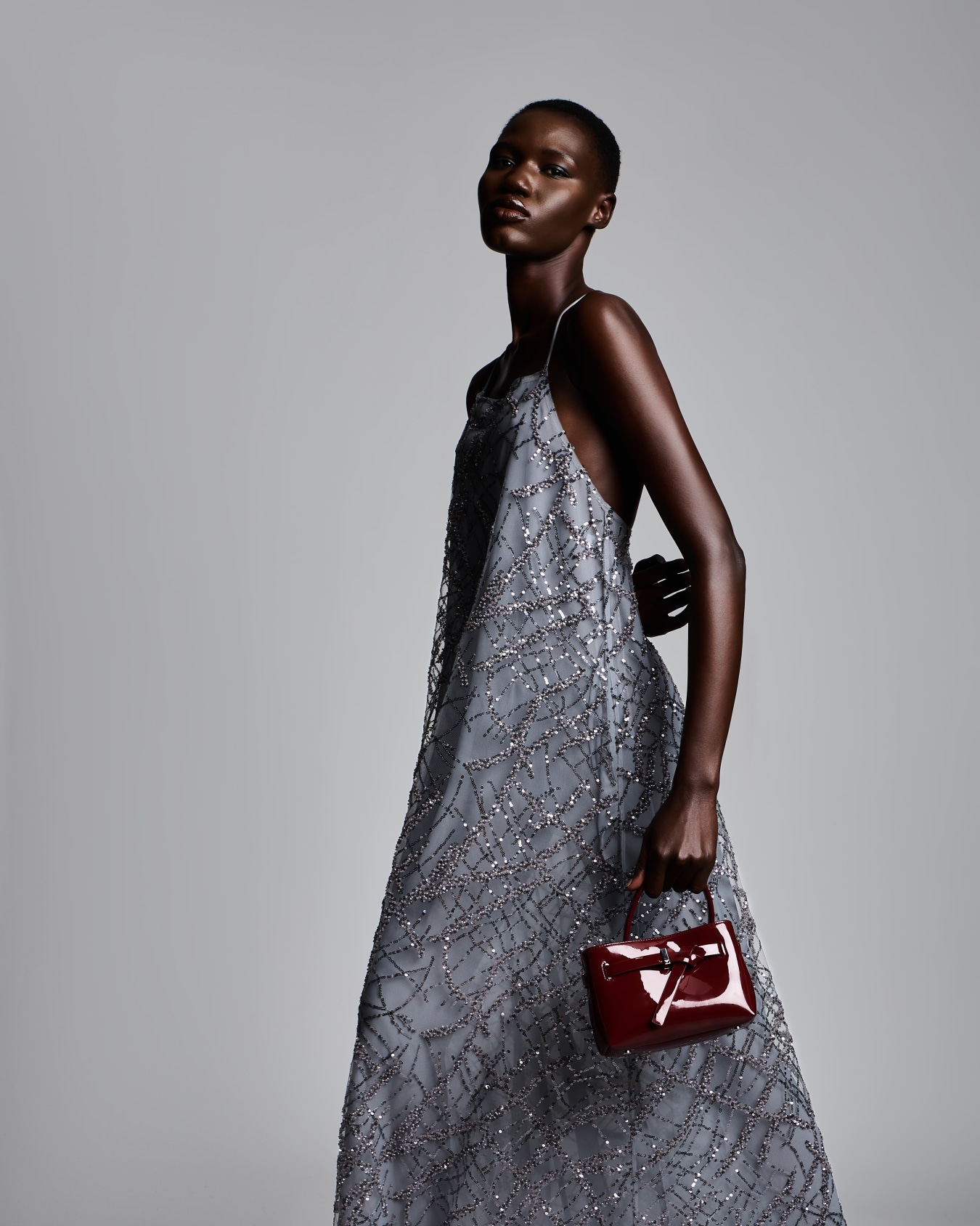 Long tulle dress with all-over micro-sequin and jet embroidery Slide 3
