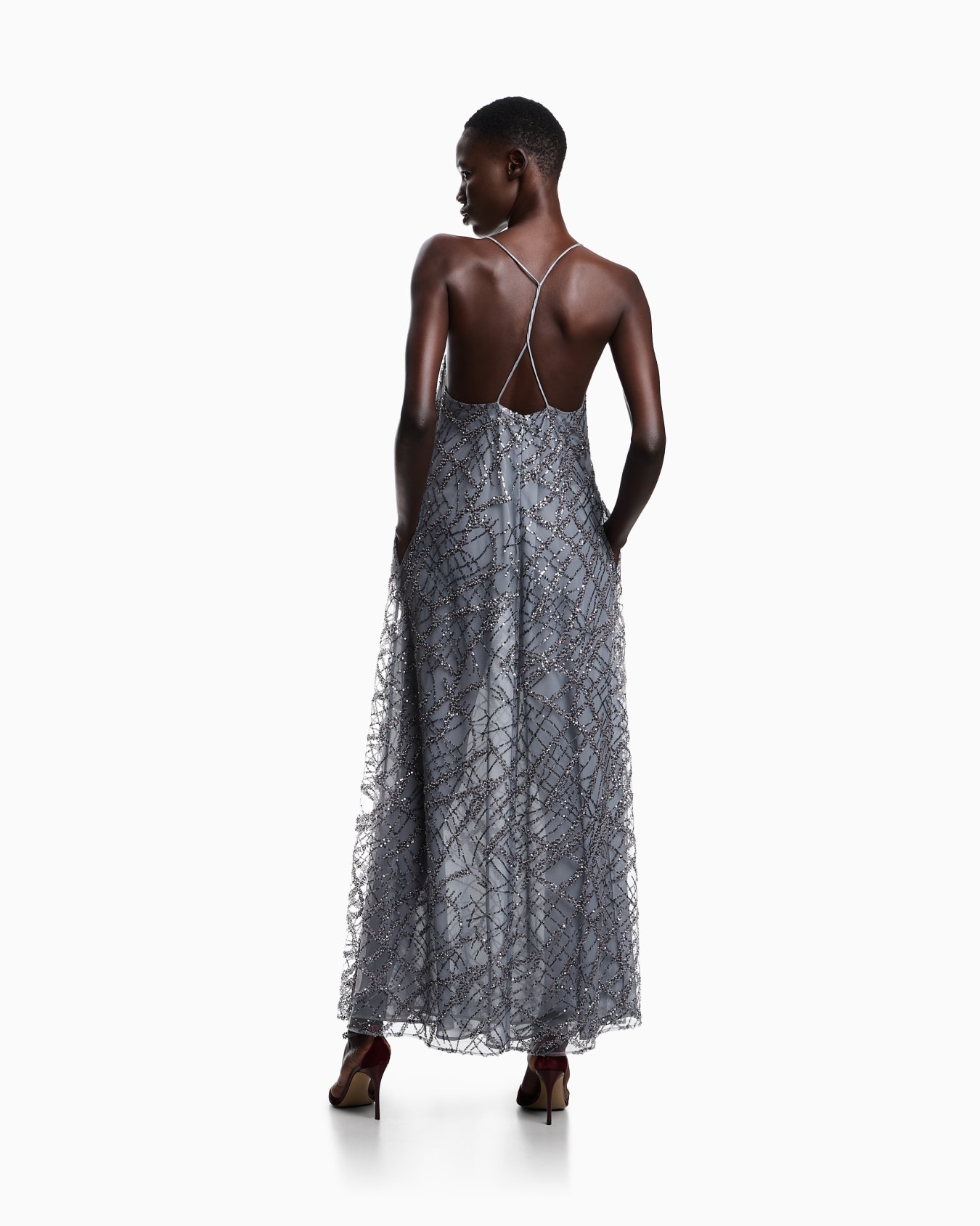 Long tulle dress with all-over micro-sequin and jet embroidery Slide 2