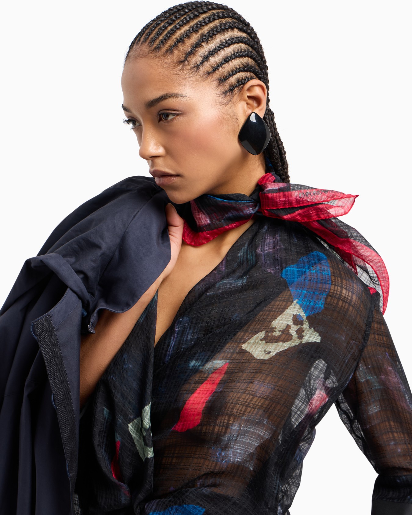 Blusa de seda con torchón, motivo de microcuadros y estampado abstracto Diapositiva 6