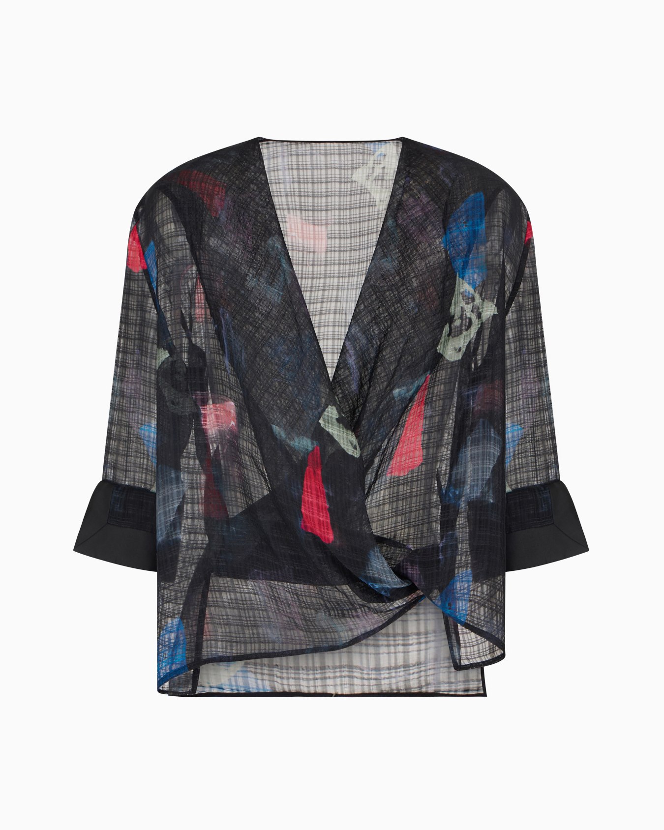 Blusa de seda con torchón, motivo de microcuadros y estampado abstracto Diapositiva 0