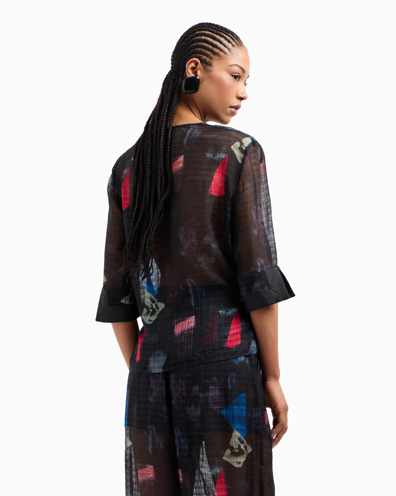 Blusa de seda con torchón, motivo de microcuadros y estampado abstracto Diapositiva 3