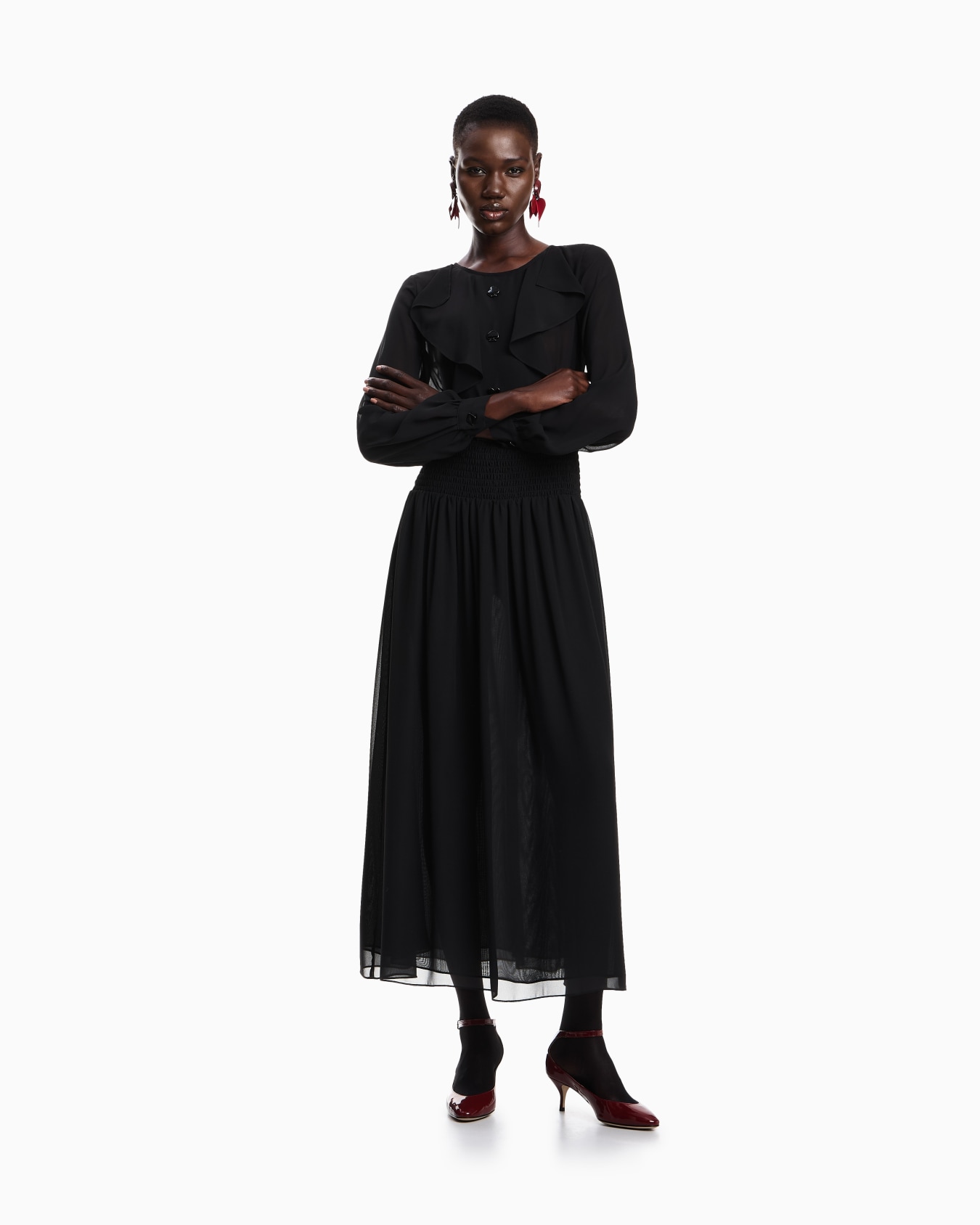 Technical georgette long dress with gathered elasticated waist Slide 1