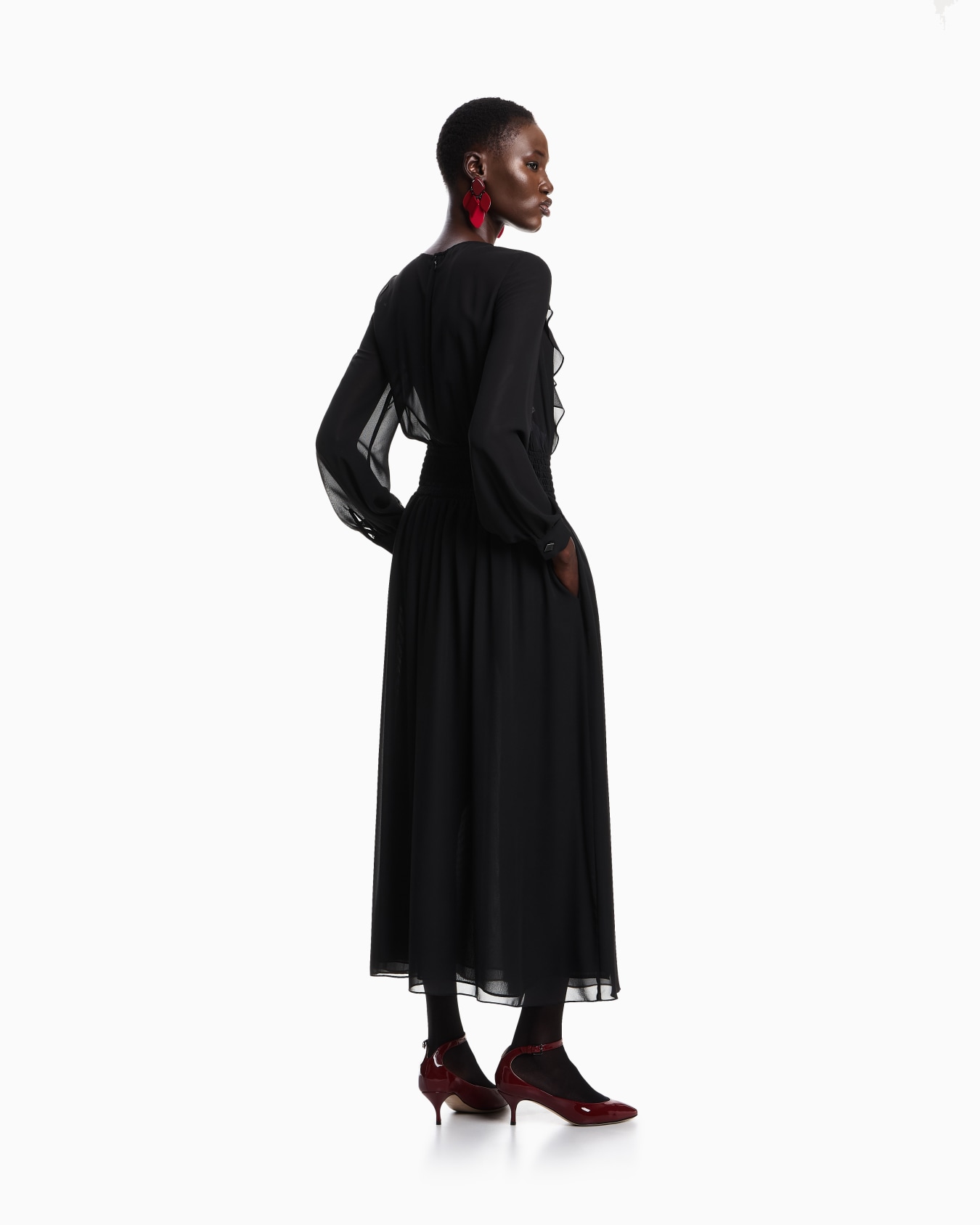 Technical georgette long dress with gathered elasticated waist Slide 2
