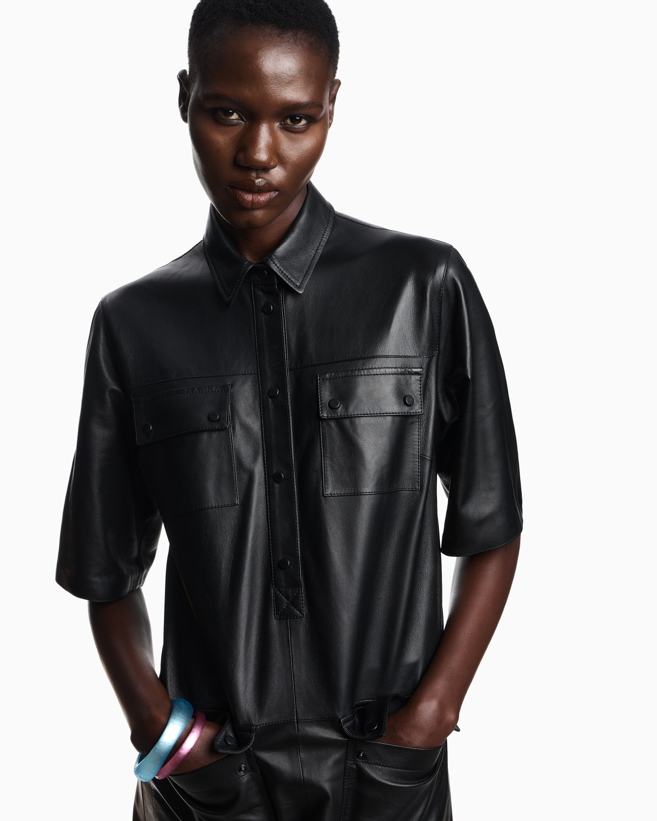 Short-sleeved dress in nappa lambskin Slide 3