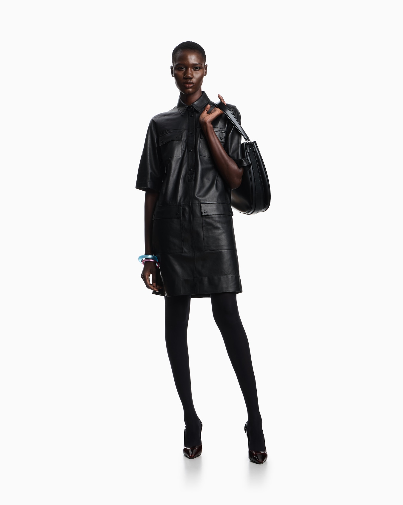 Short-sleeved dress in nappa lambskin Slide 1