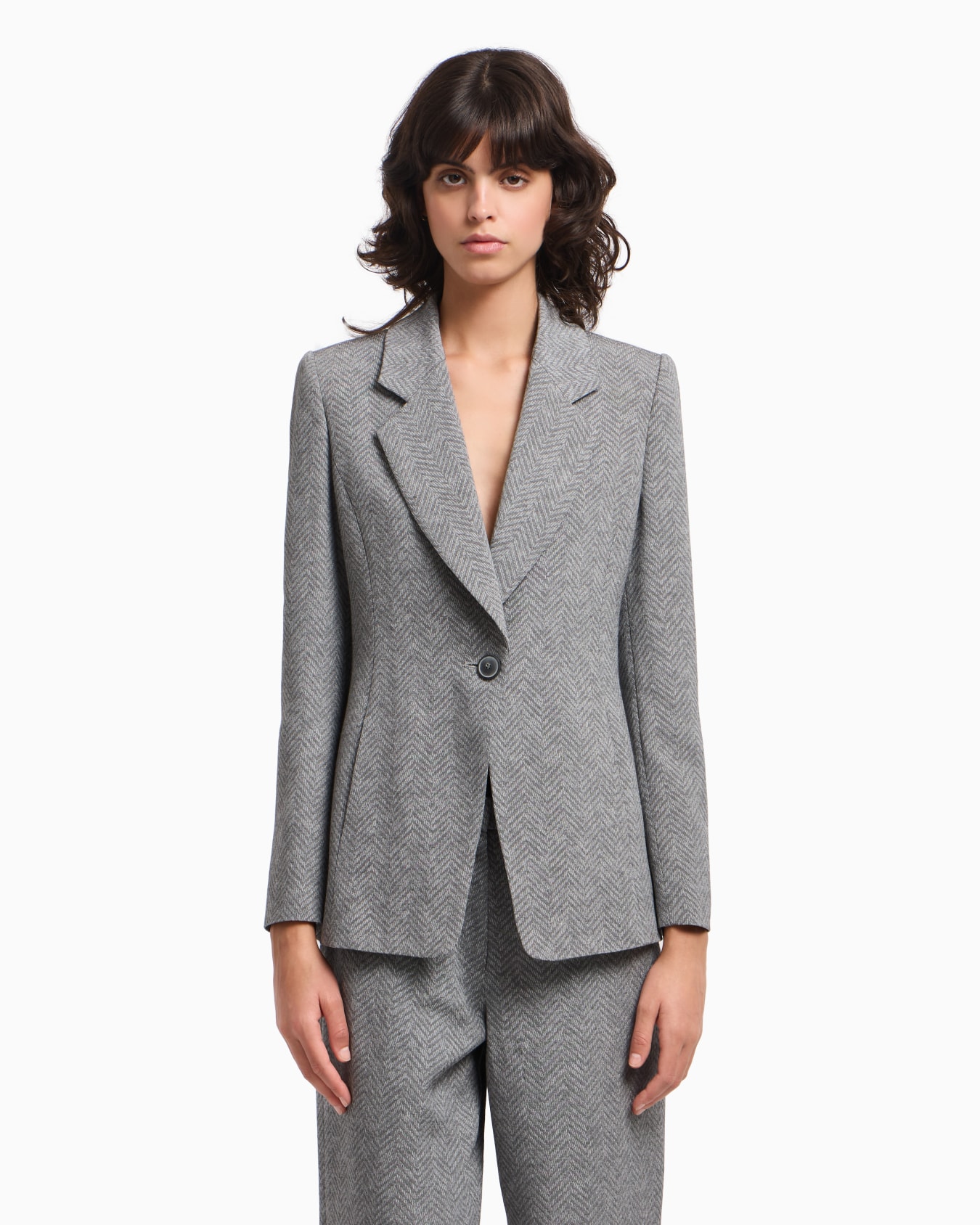 Blazer de abotonadura sencilla confeccionado en mezcla de viscosa con motivo chevrón Icon Diapositiva 3