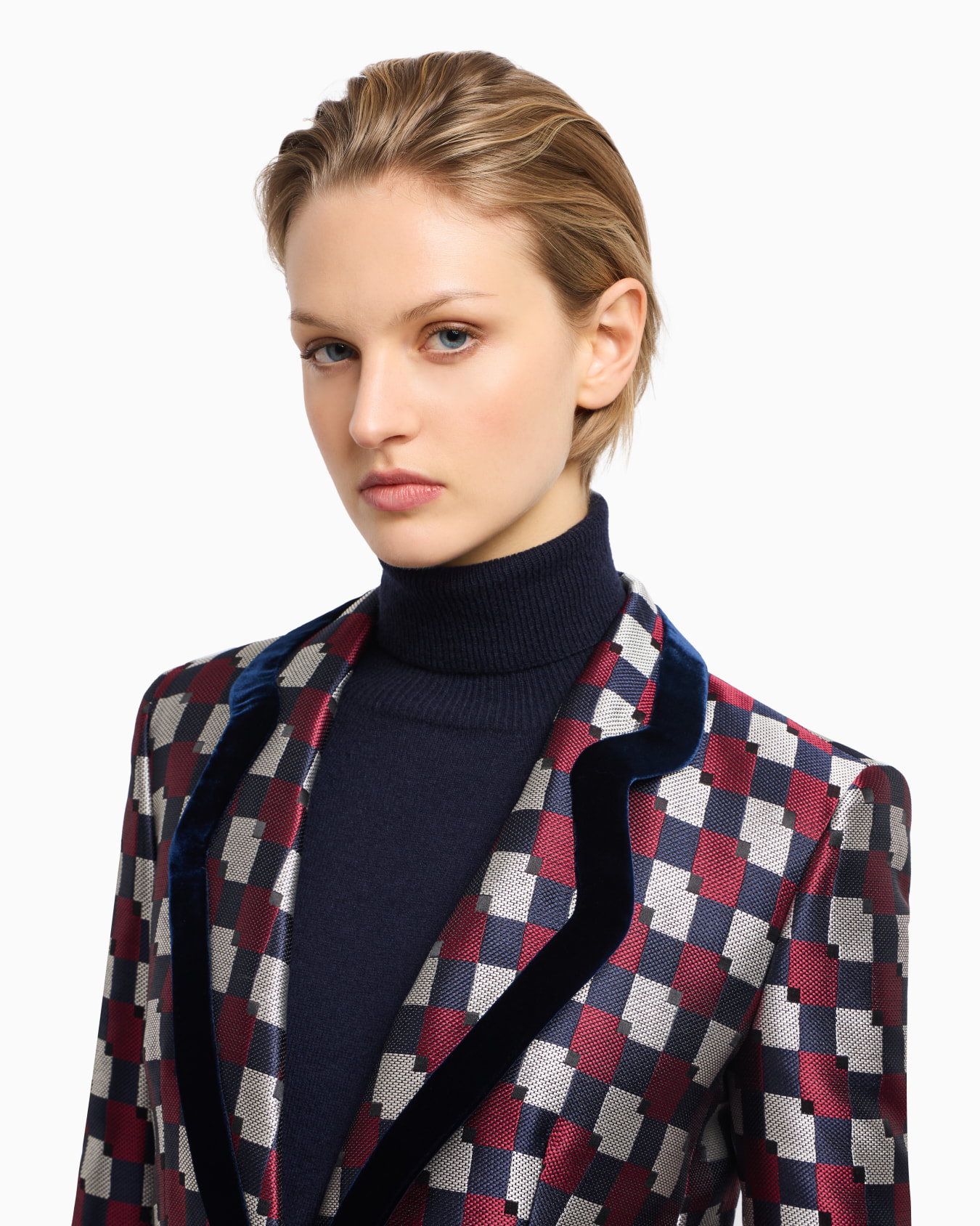 Jacke aus Jacquard-Stoff mit geometrischem Muster und Details aus Samt Folie 4