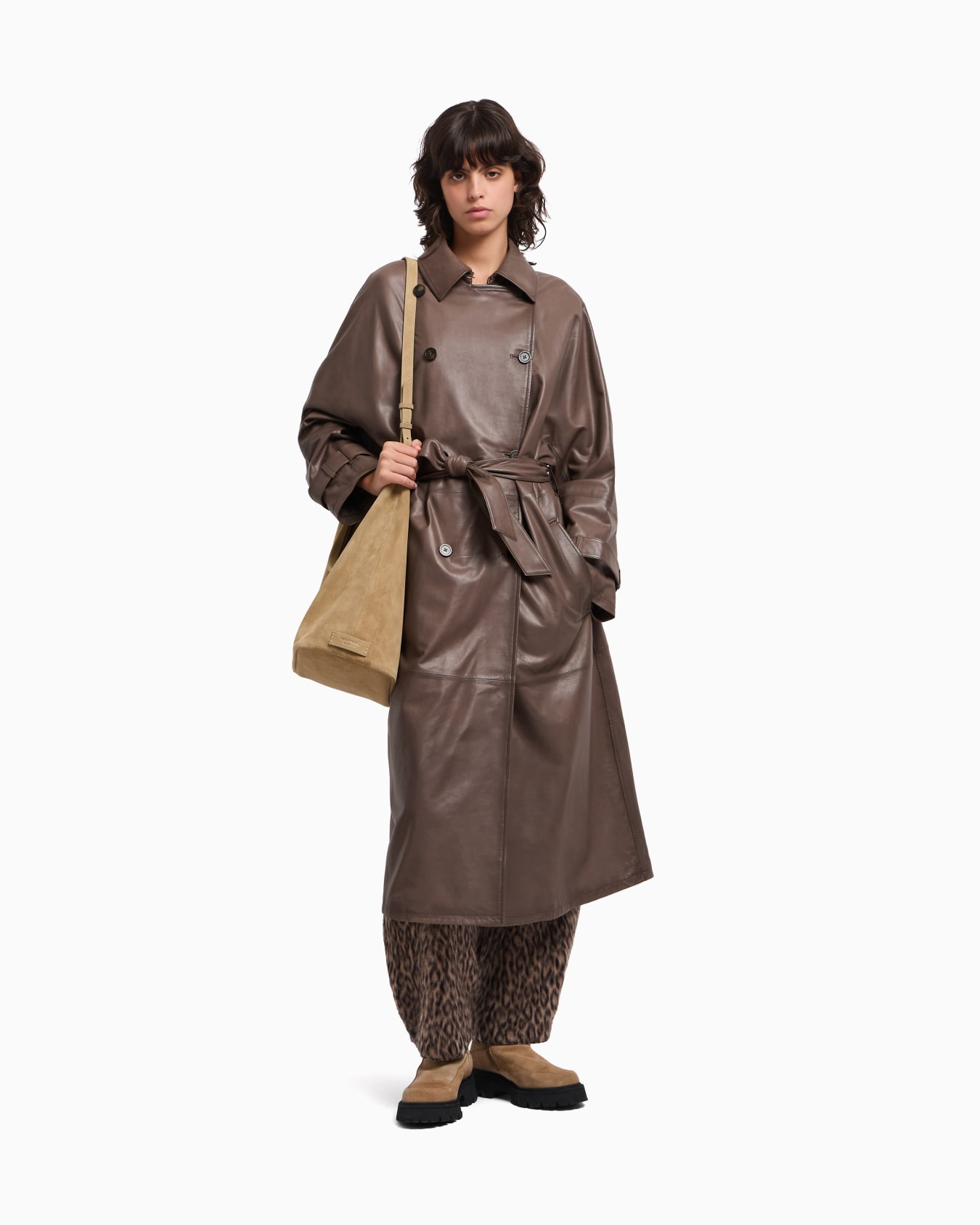 Trench-coat à double boutonnage avec ceinture en peau d’agneau Diapositive 1