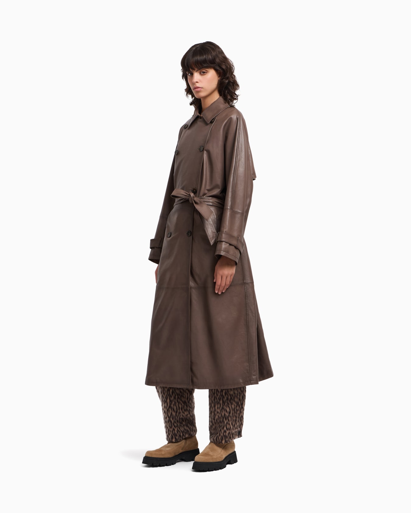 Trench-coat à double boutonnage avec ceinture en peau d’agneau Diapositive 3