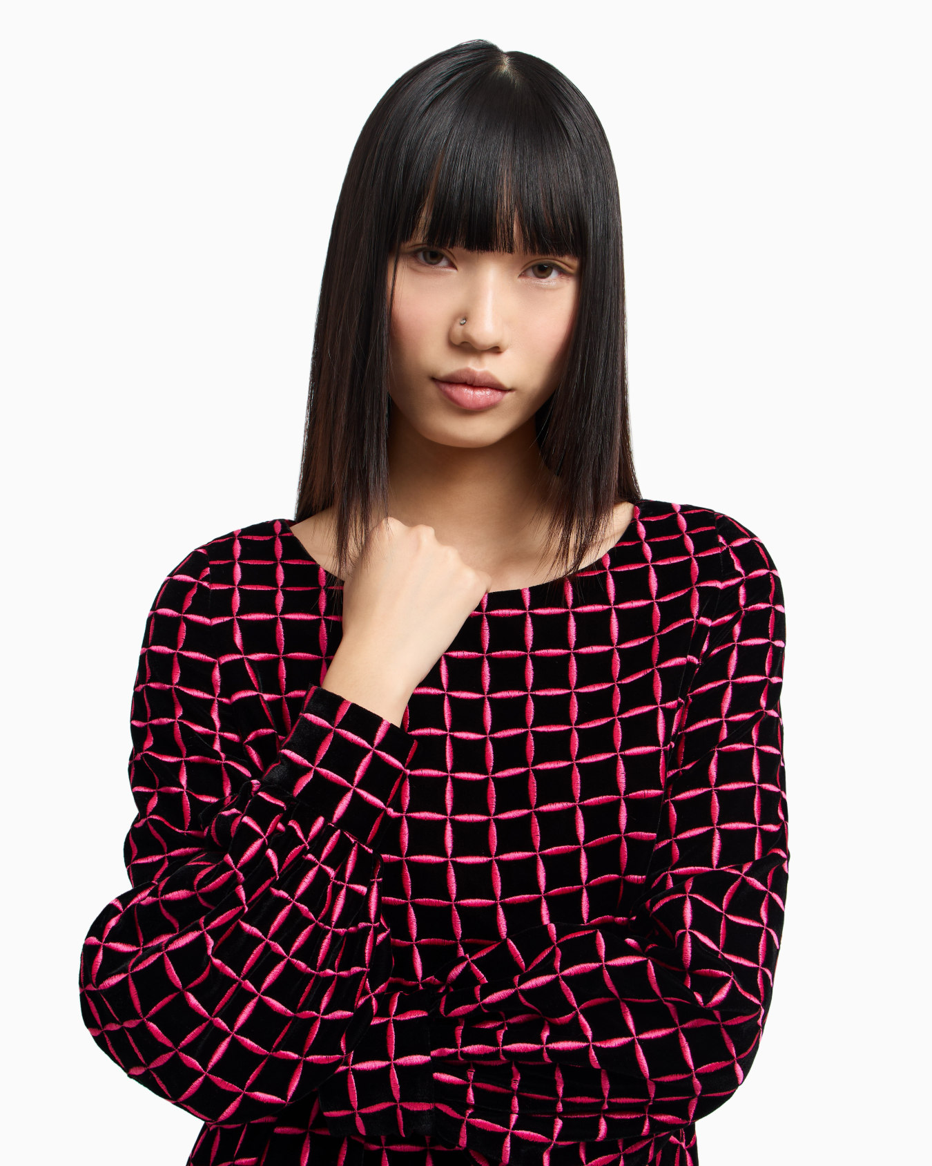 Short, velvet dress with embroidered check motif Slide 5