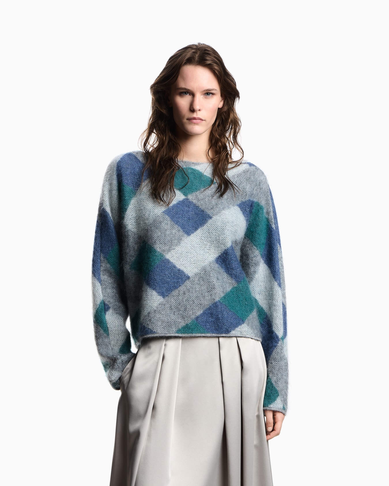 Boat-neck jumper in jacquard wool-mohair blend with an all-over pattern Slide 3