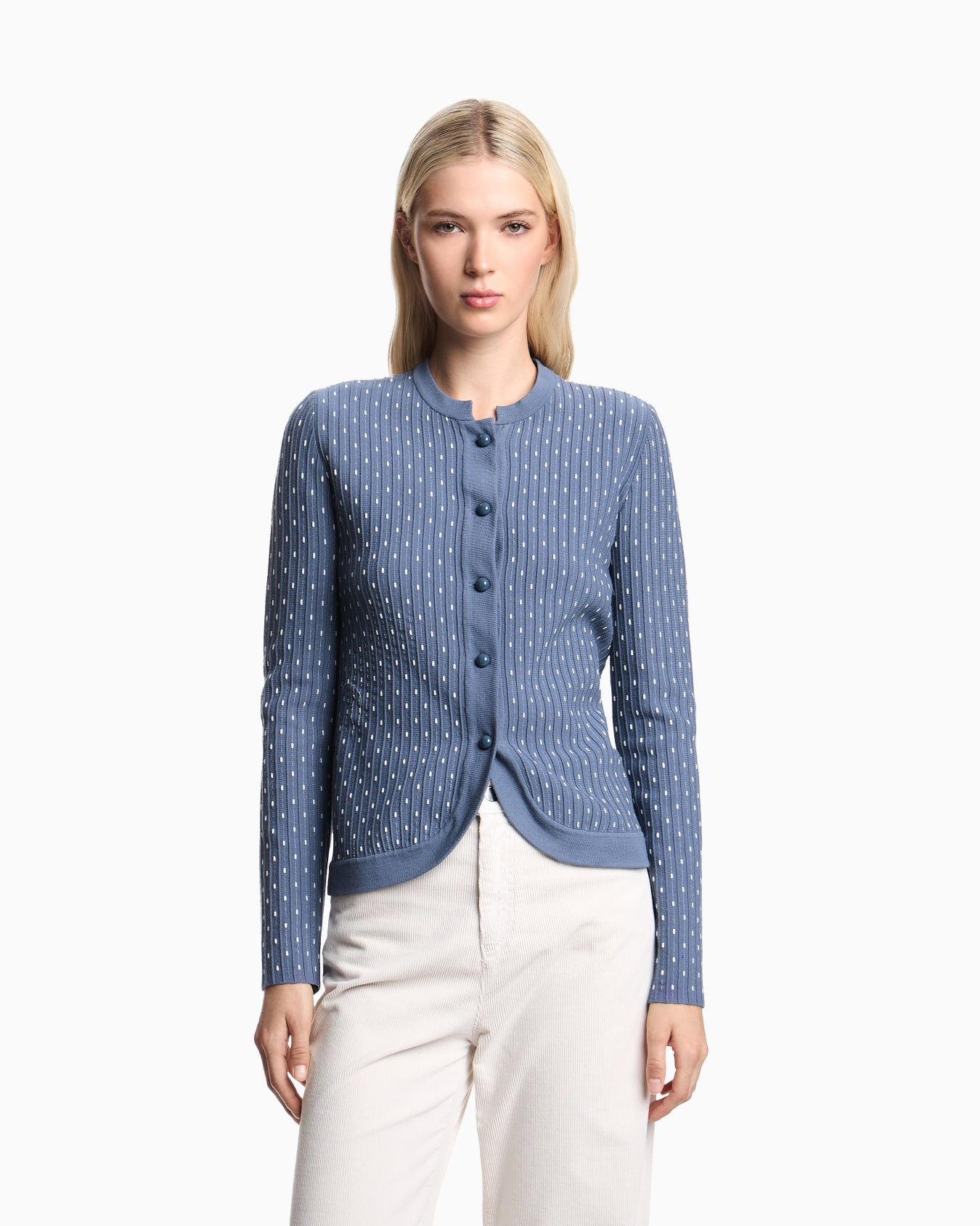 Polka-dot viscose-jacquard plain-knit cardigan Slide 3