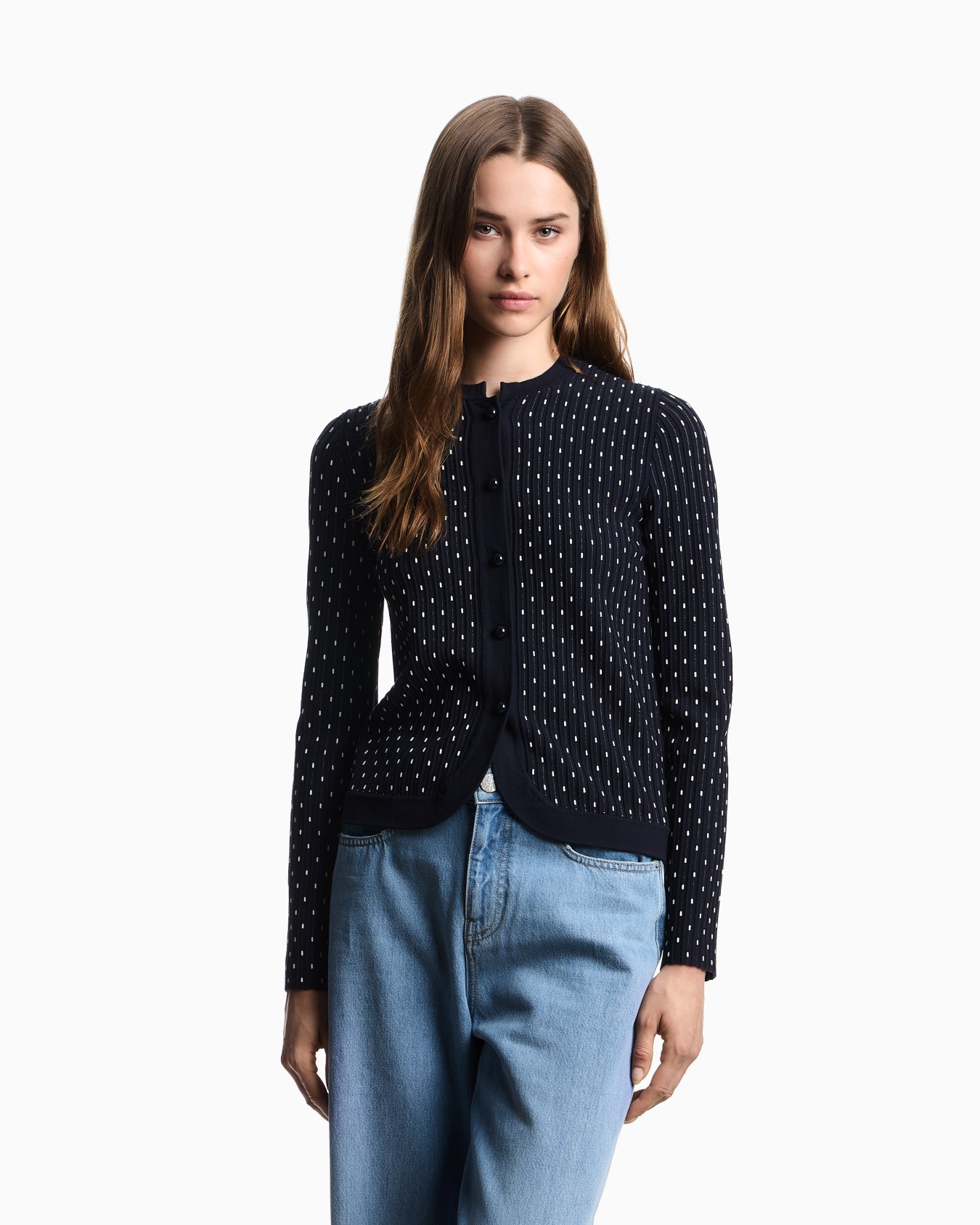 Cardigan in maglia unita di viscosa jacquard a pois Slide 3
