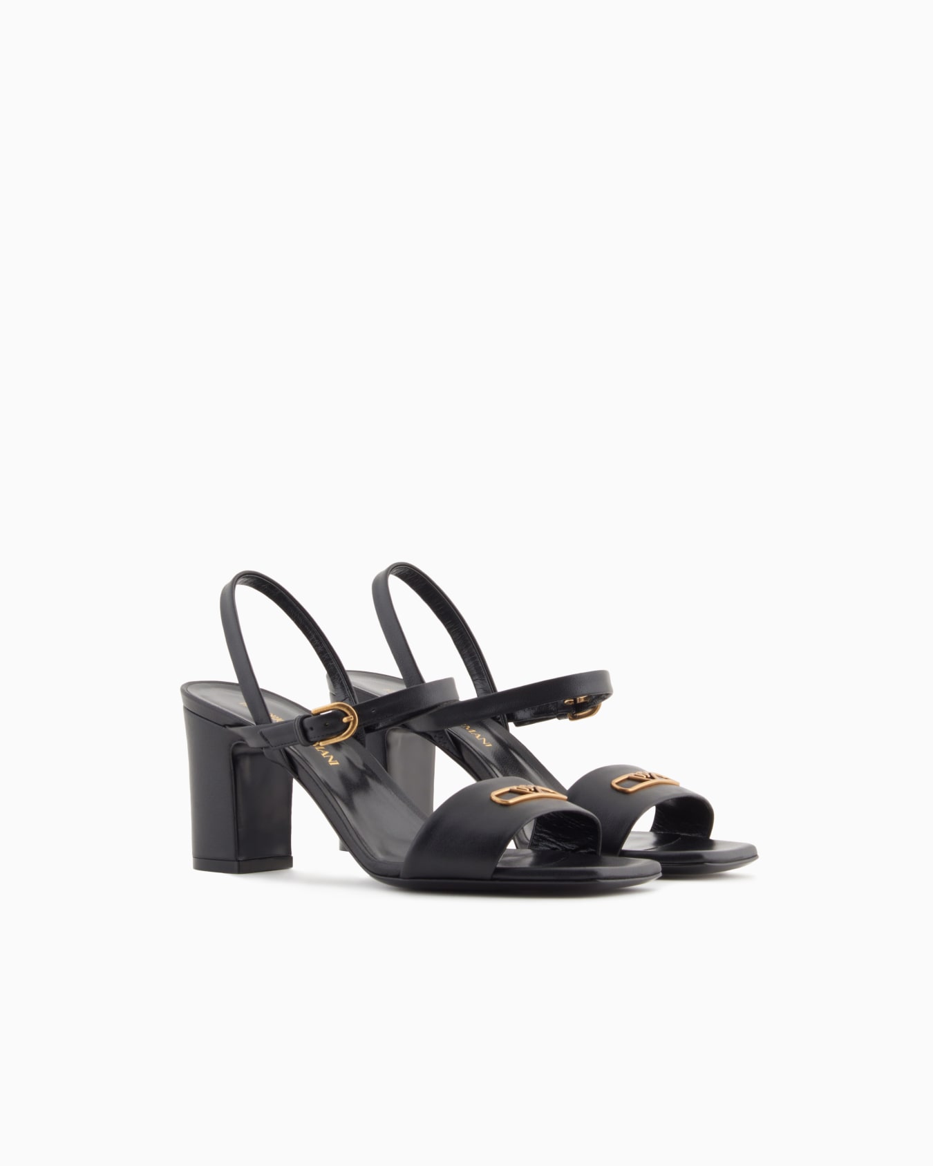 Nappa-leather heeled sandals with eagle plate Slide 1
