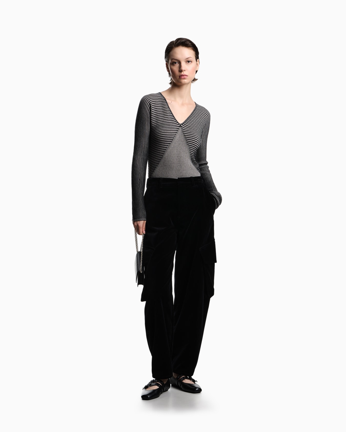V-neck jumper with striped links-stitched details Slide 1