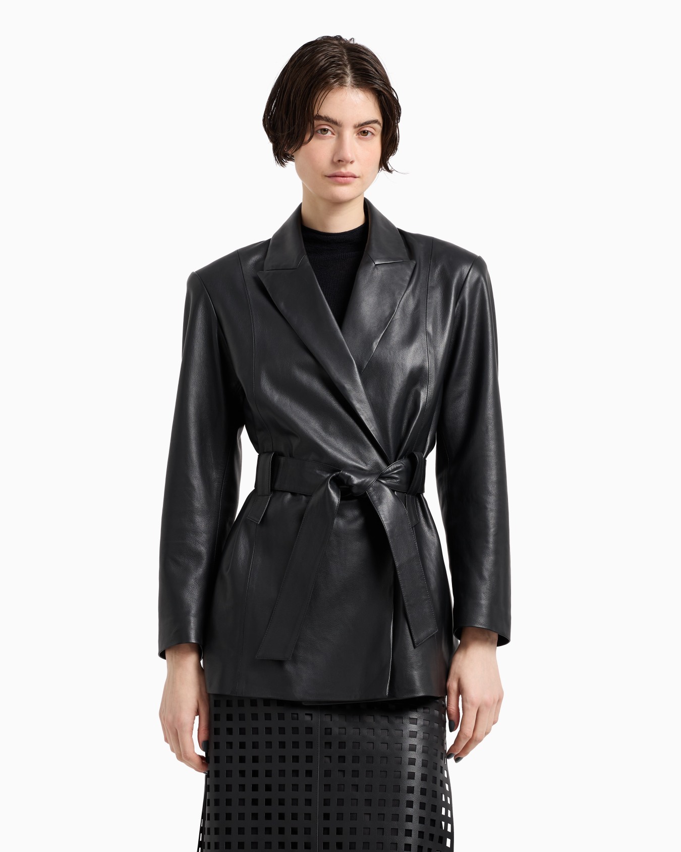 Polygon capsule collection lambskin nappa leather jacket with belt Slide 3