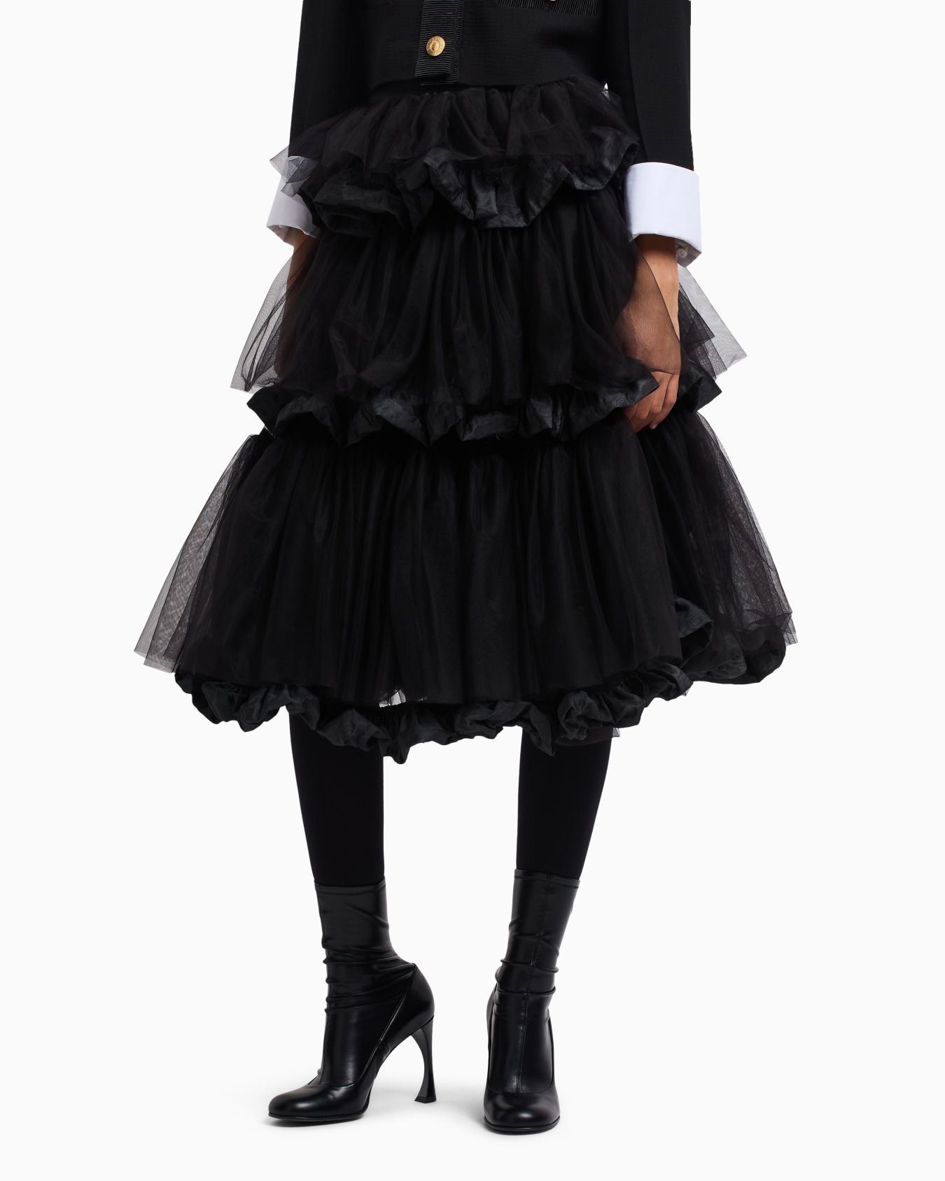 Skirt with ruffles in tulle and crinkle-effect memory fabric Slide 3