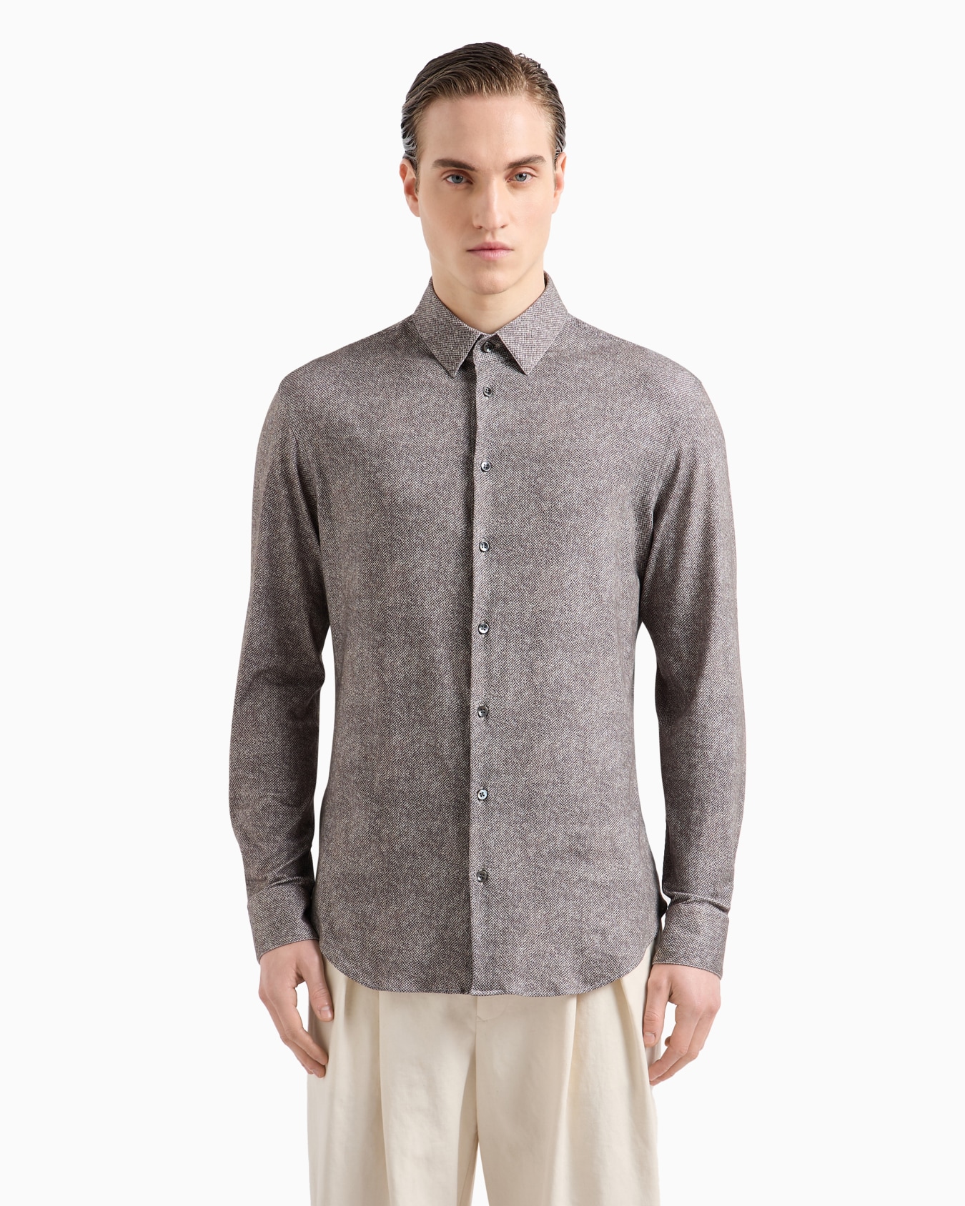 Slim-fit cotton-blend jersey shirt with a micro-pattern Slide 1