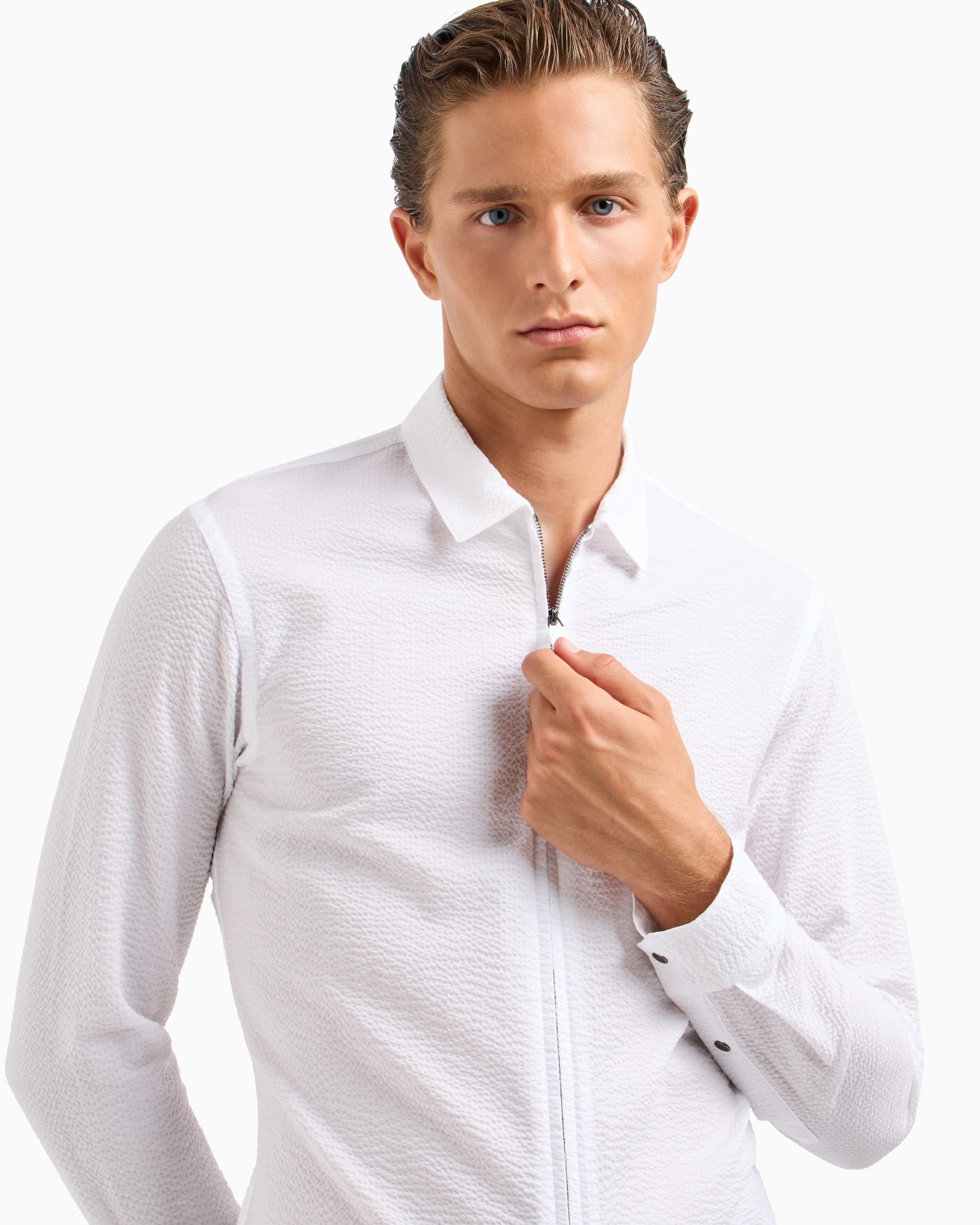 Chemise coupe slim à fermeture zippée en coton seersucker Diapositive 4