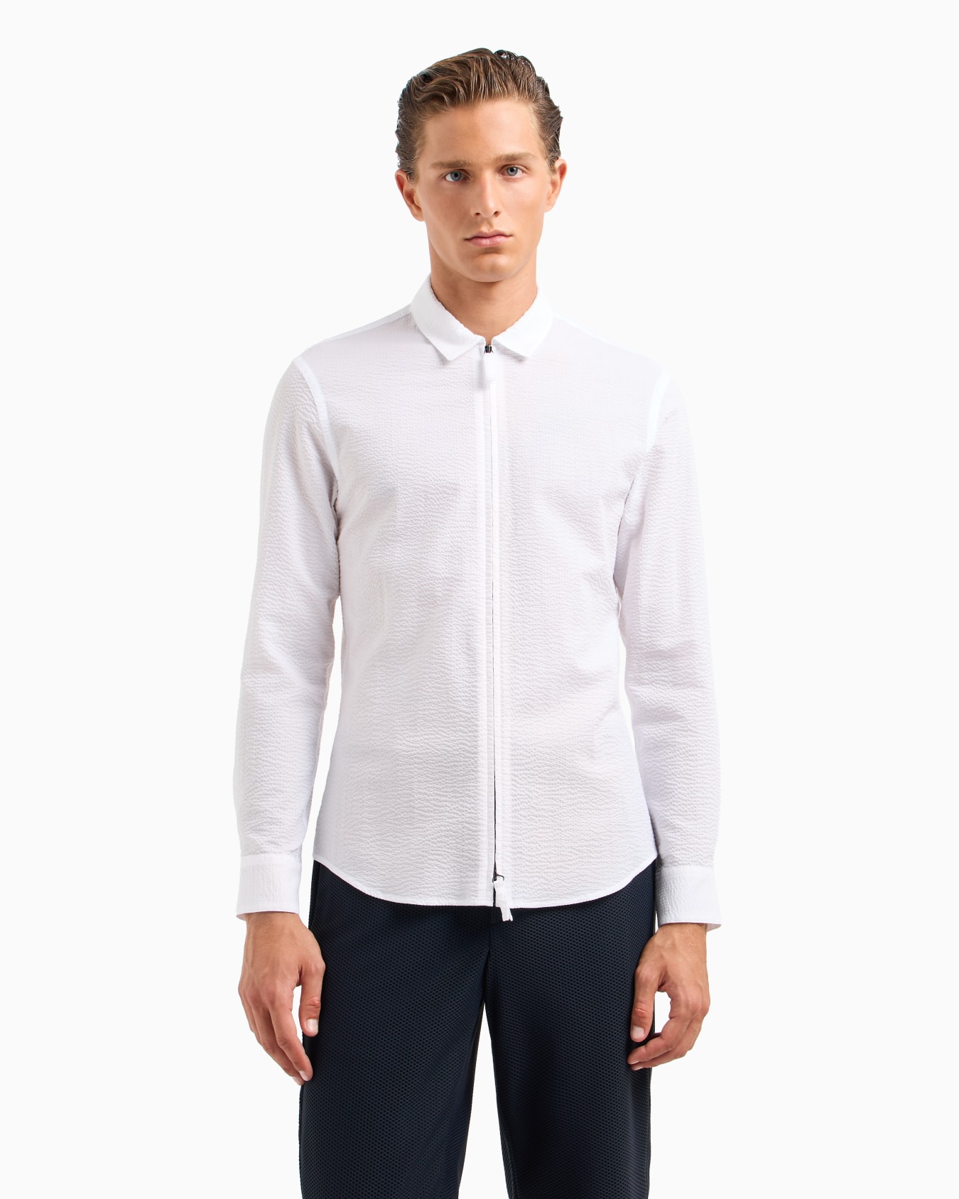 Chemise coupe slim à fermeture zippée en coton seersucker Diapositive 3