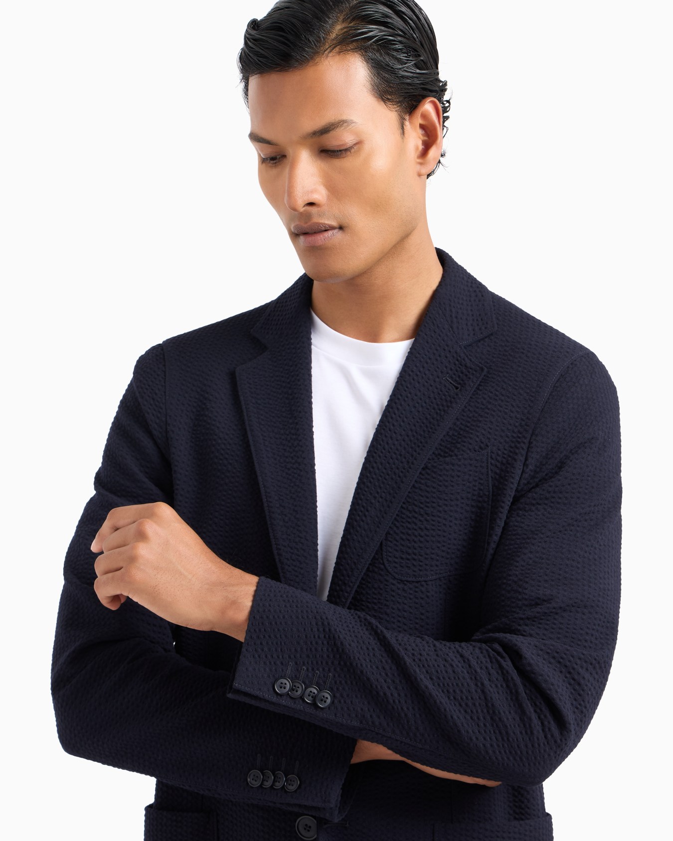 Upton line single-breasted jacket in virgin wool and cashmere seersucker Slide 4
