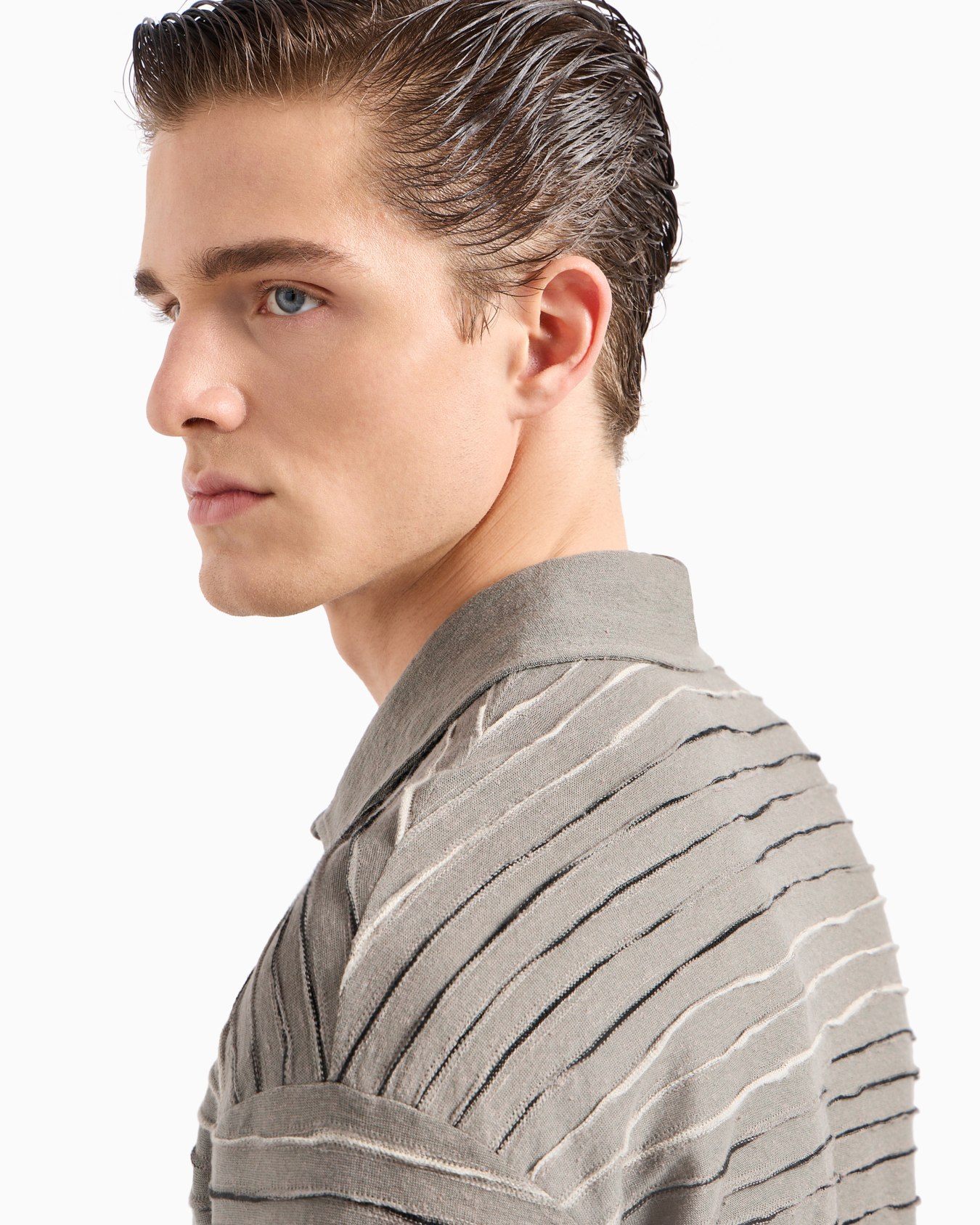 Long-sleeved polo shirt in linen, cotton and viscose jersey jacquard Slide 4
