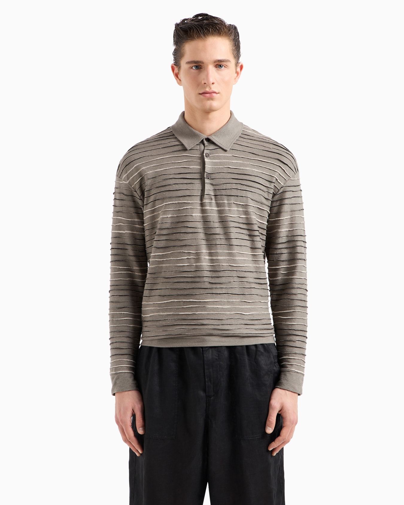 Long-sleeved polo shirt in linen, cotton and viscose jersey jacquard Slide 1