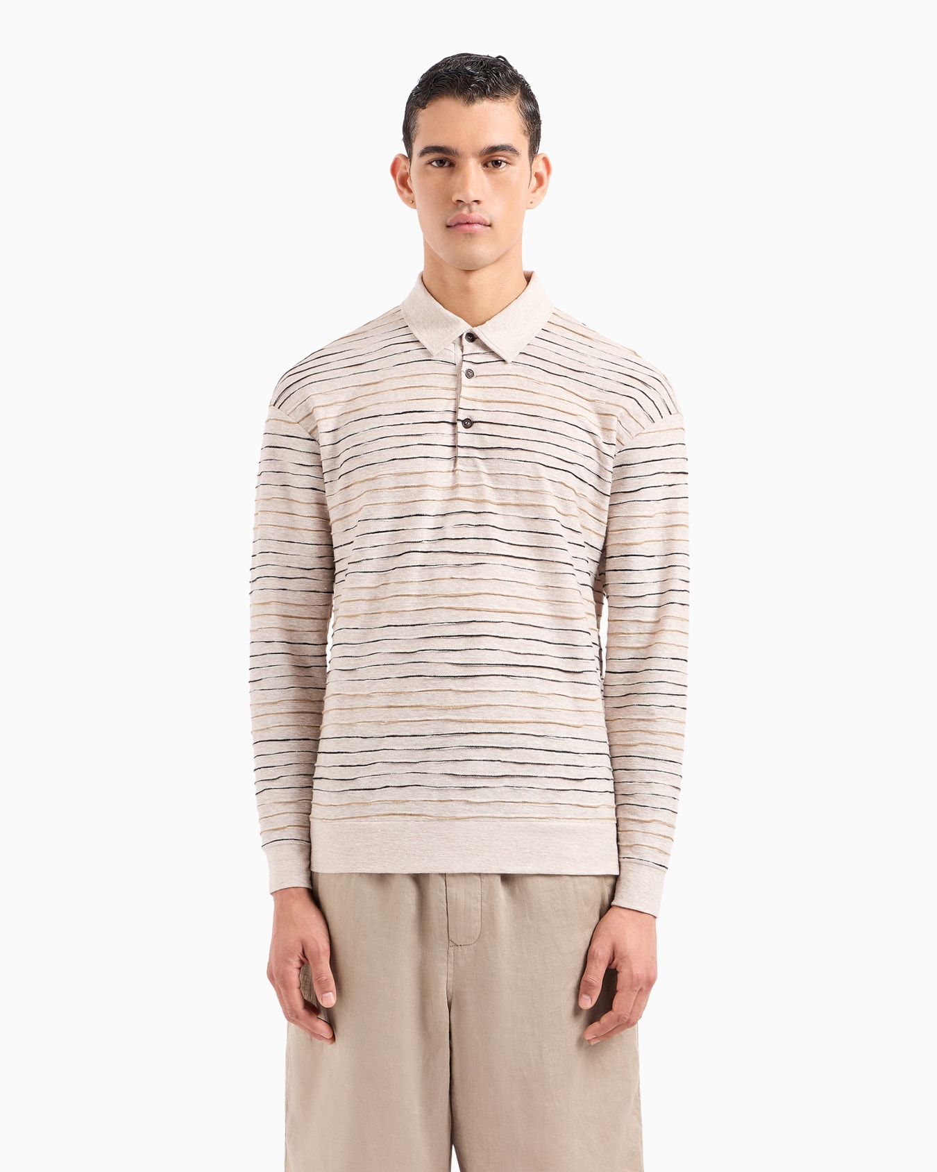 Polo de manga larga en punto de lino, algodón y viscosa con elaboración en tejido jacquard Diapositiva 2