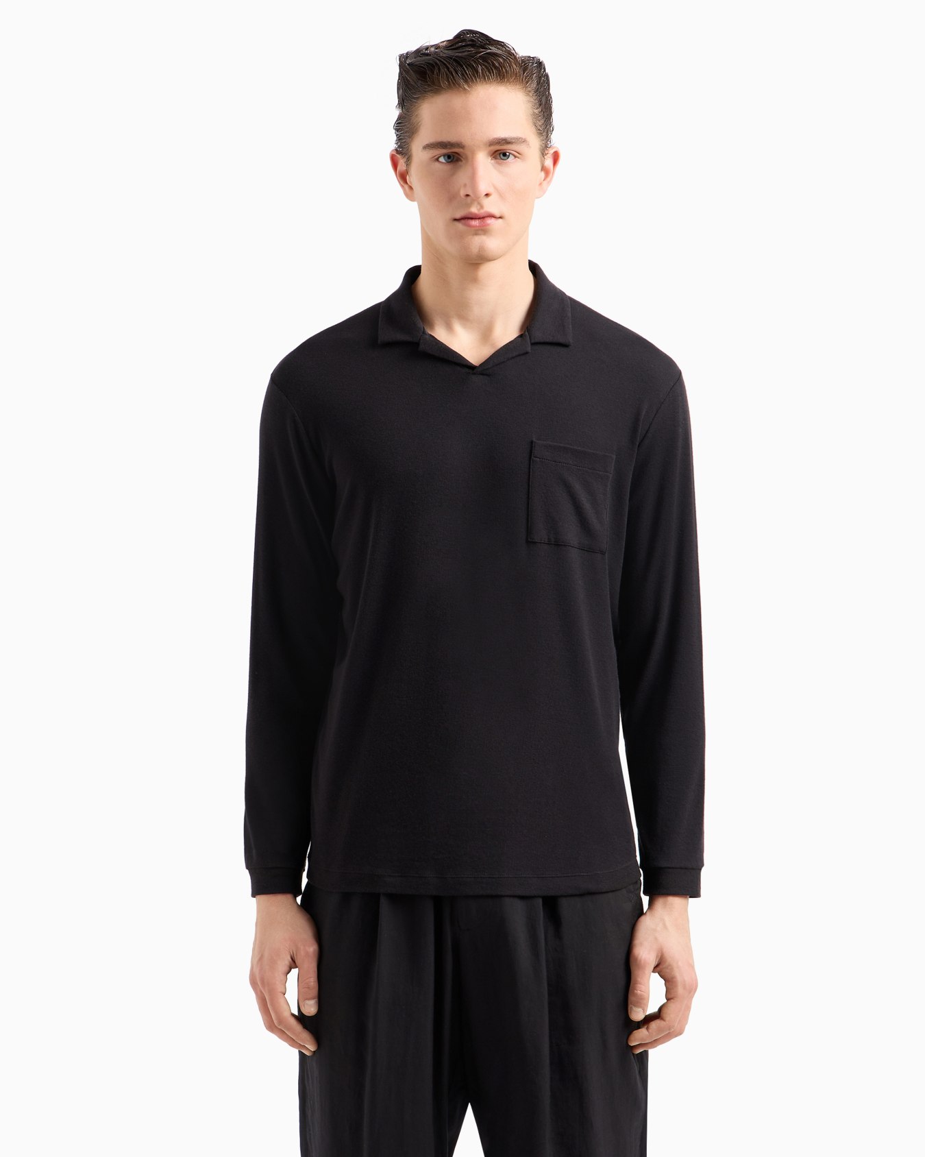 Cotton and cashmere jersey long-sleeved polo shirt Slide 1