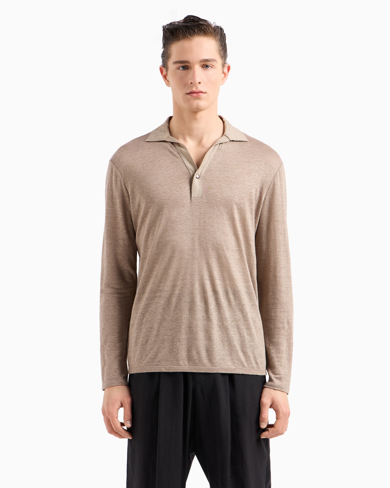 Long-sleeved polo shirt in pure linen jersey Slide 1