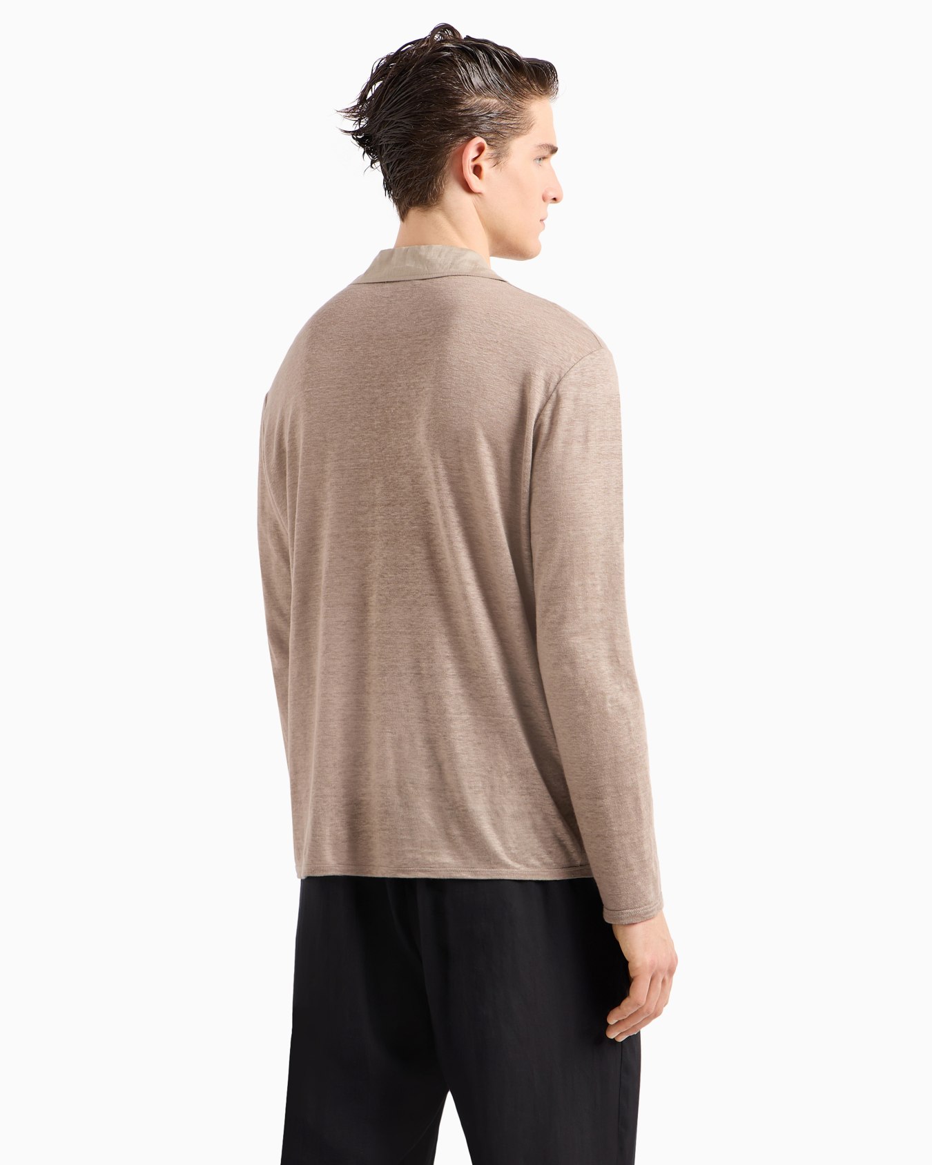 Long-sleeved polo shirt in pure linen jersey Slide 2