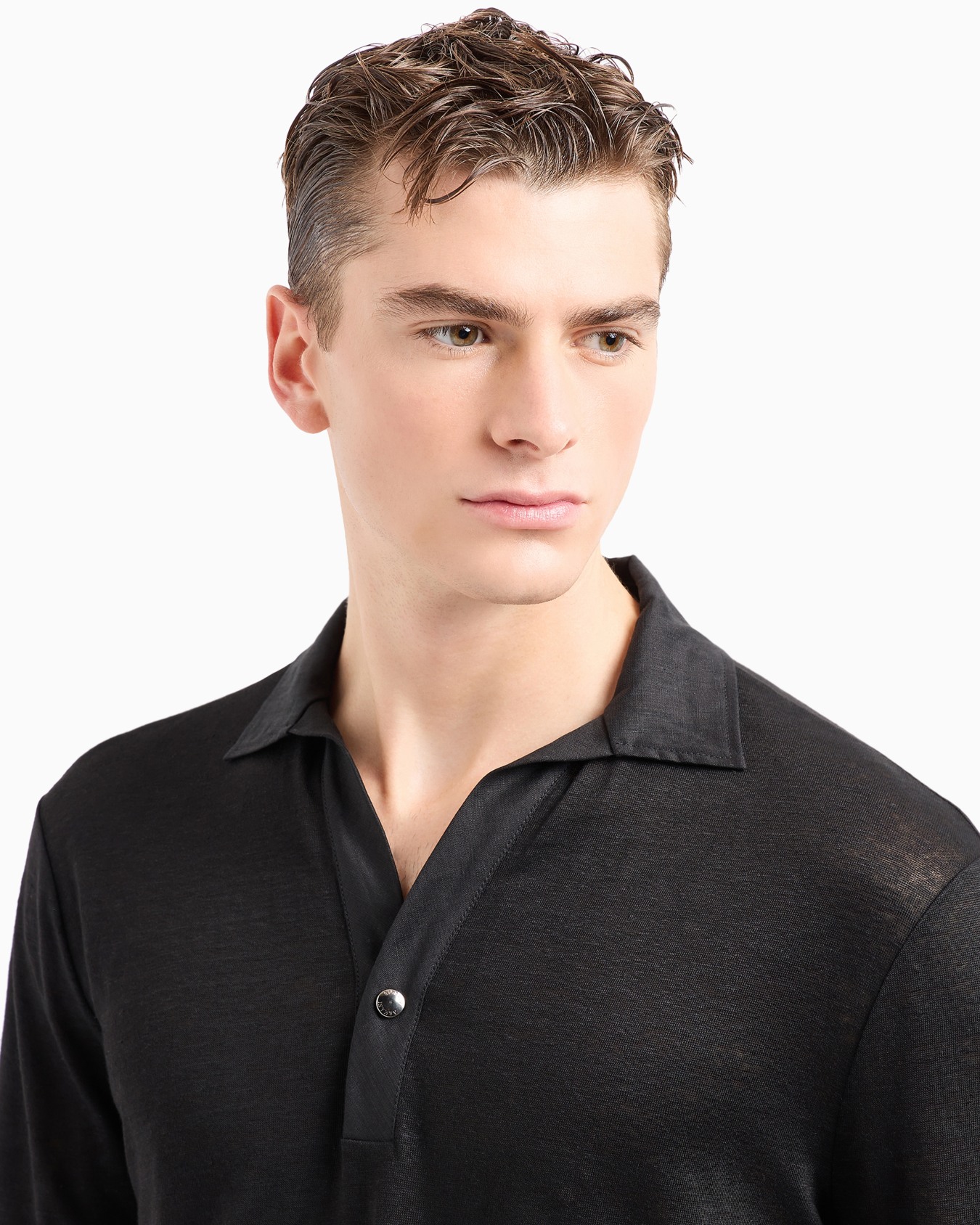 Long-sleeved polo shirt in pure linen jersey Slide 5